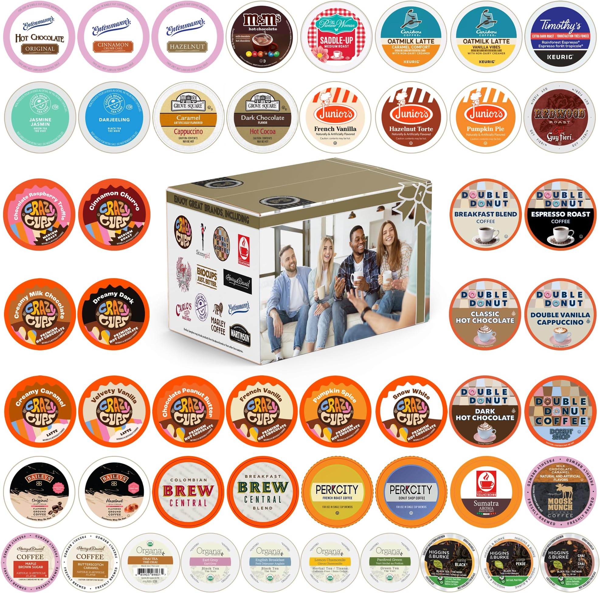 Crazy Cups Custom Variety Pack Coffee, Tea, and Hot Chocolate Holiday Winter Sampler - Single Serve Pods for Keurig K-Cup Machines, 50 Assorted Flavors Party Mix(Pack of 1)