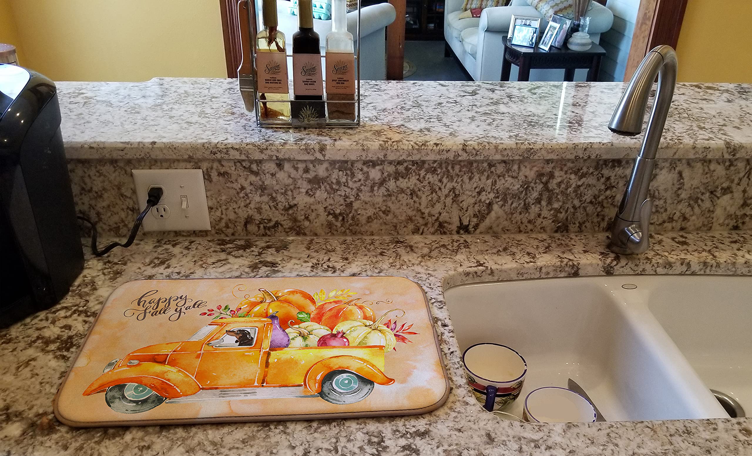 Caroline's Treasures CK2655DDM Fall Harvest Dachshund Dish Drying Mat Absorbent Dish Drying Mat Pad for Kitchen Counter Dish Drainer Mat for Countertop, 14 x 21