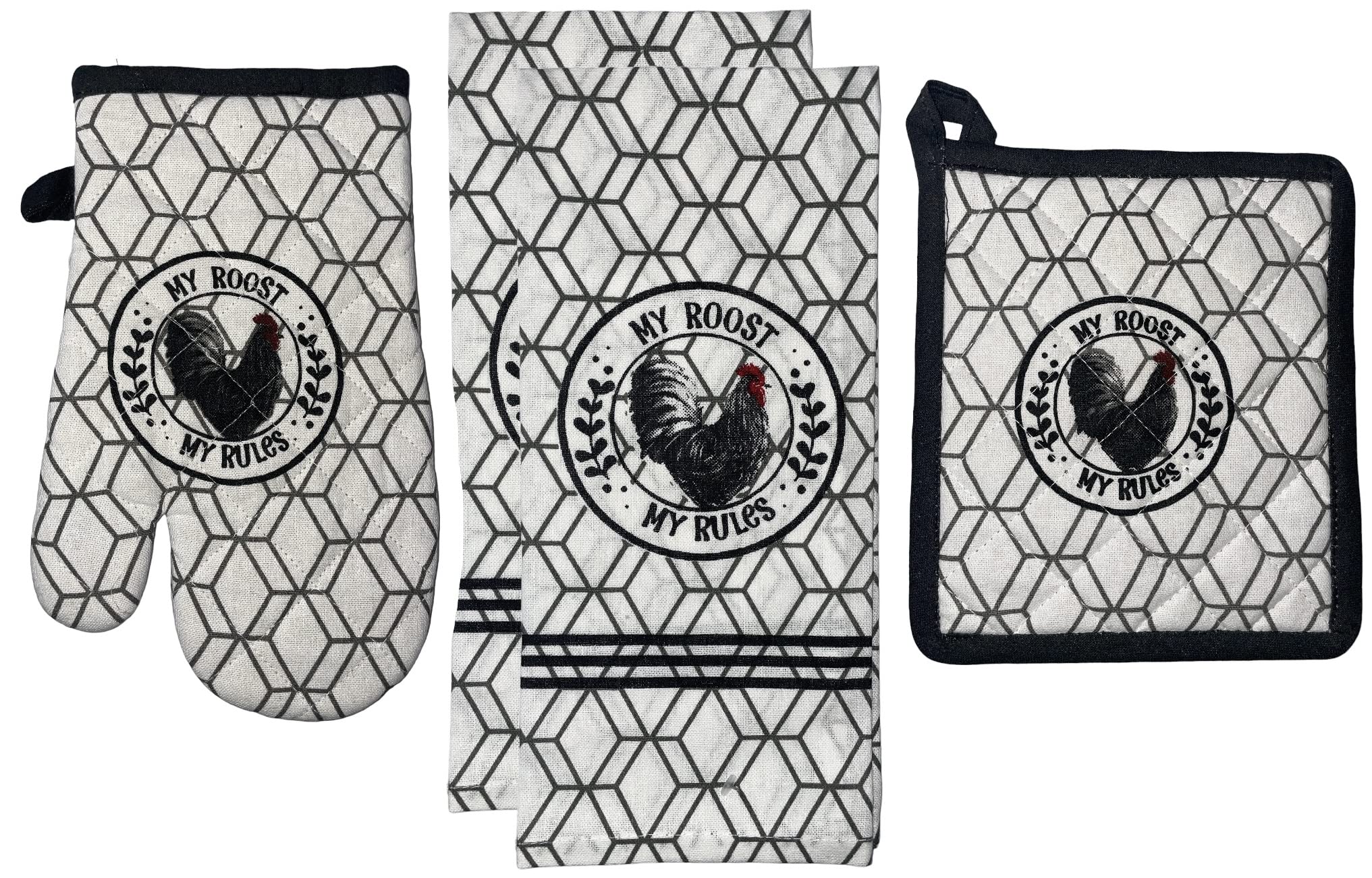 Set of 4, 100% Cotton, Haxagon Design Countryside Rooster Sentiment My Roost My Rules Kitchen Towel Set, Include 2 Kitchen Towels, 1 Pot Holder & 1 Ovenmitt.
