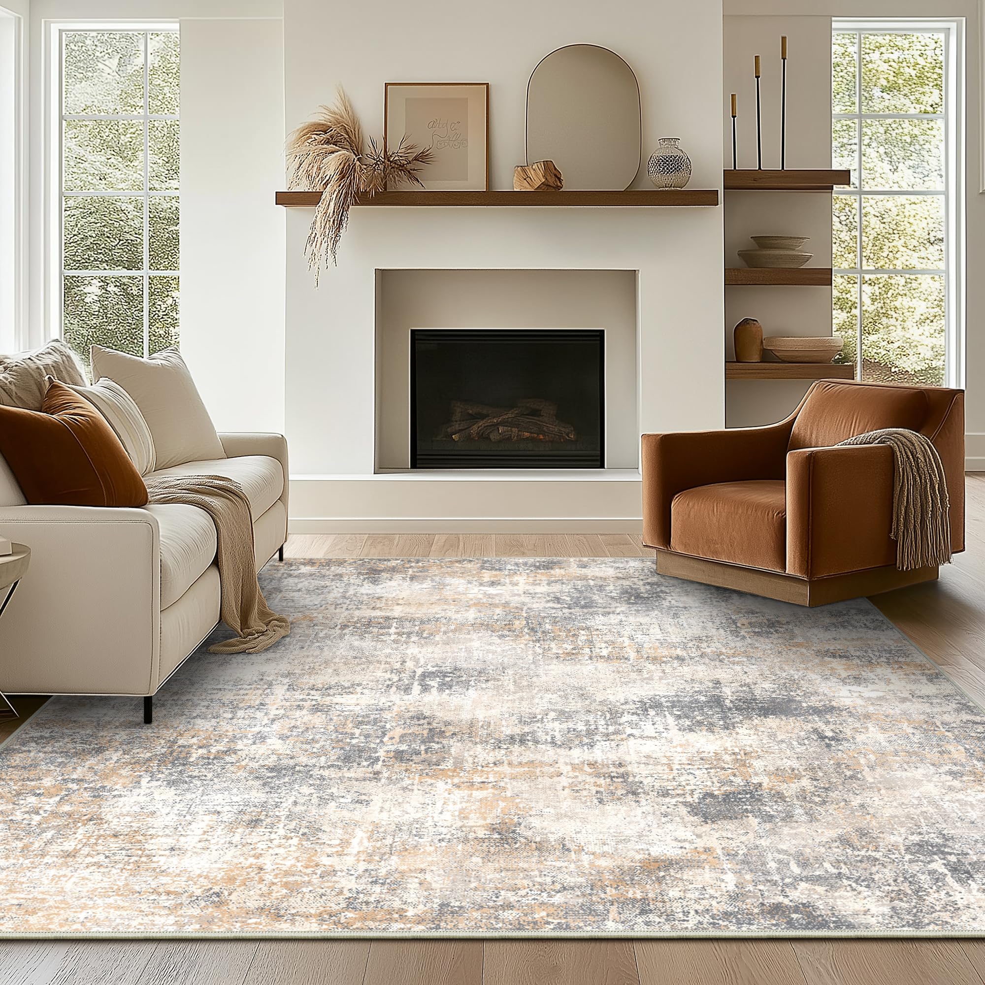 Bavni Machine Washable Area Rugs for Living Room 6x9, Low Pile Modern Abstract Rug Carpet for Dining Room Bedroom Office with Non Slip Backing, Ivory/Gold/Black