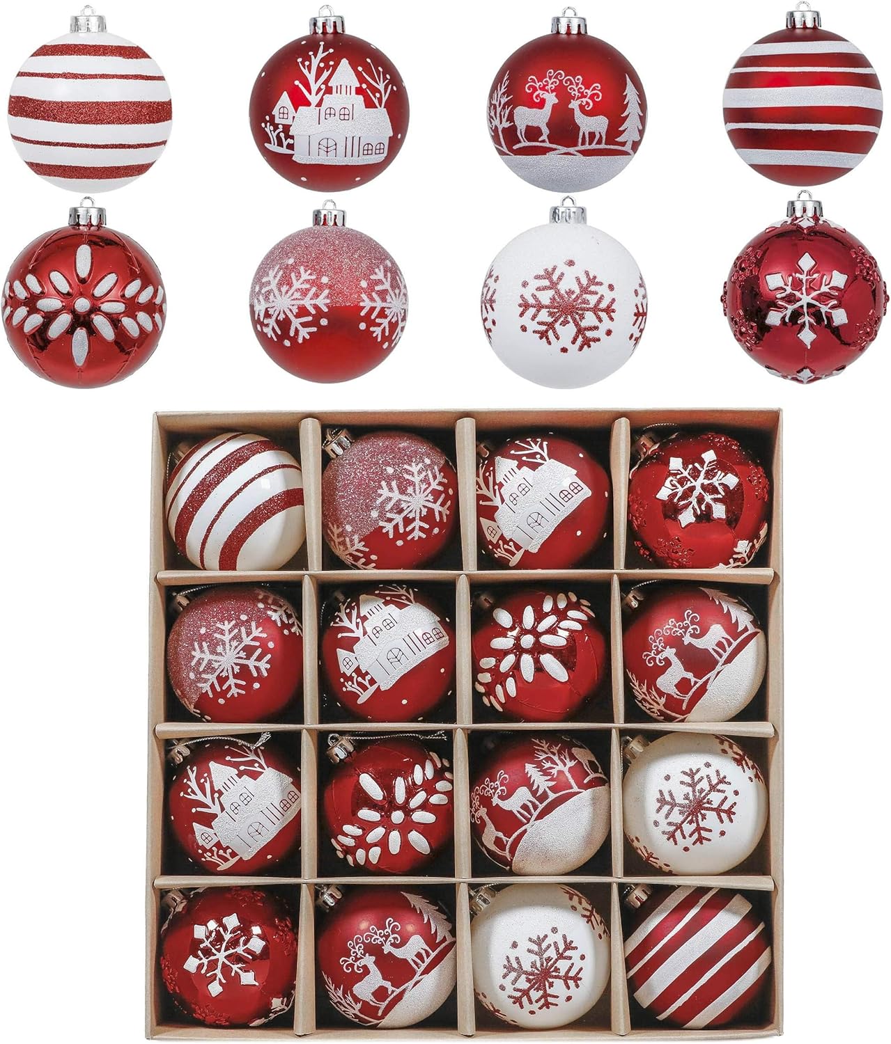 Valery Madelyn Christmas Ornaments Tree Decorations Set, 16ct Red and White Shatterproof Large Christmas Ball Ornaments Bulk, 3.15 Inch Traditional Hanging Ornaments for Xmas Trees Holiday Party Decor