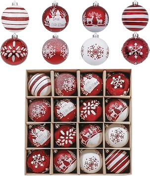 Valery Madelyn Christmas Ornaments Tree Decorations Set, 16ct Red and White Shatterproof Christmas Ball Ornaments Bulk, 2.36 Inch Traditional Hanging Ornaments for Xmas Trees Holiday Party Decor