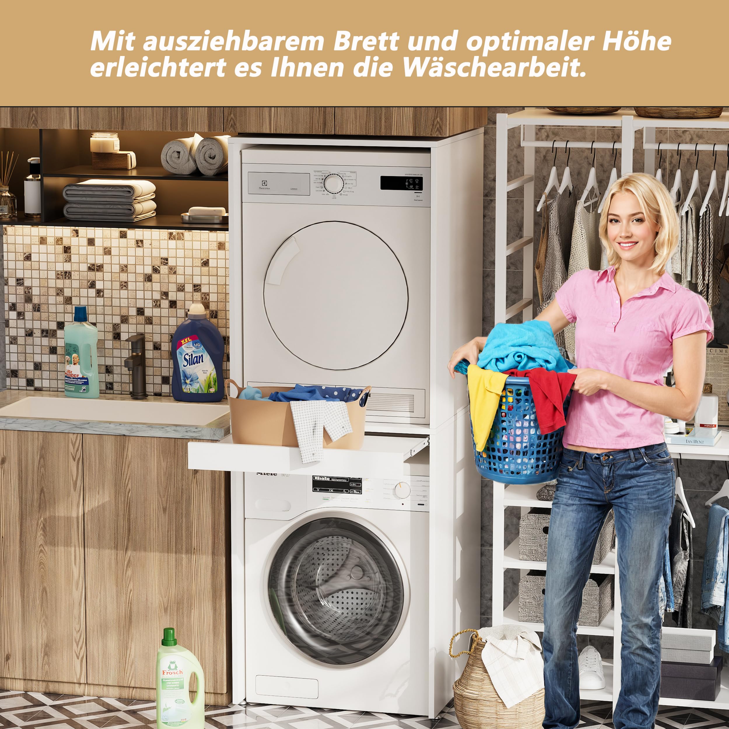 Waschmaschine Trockner Schrank mit Ausziehbrett, Waschmaschinenschrank-Überbauschrank für Waschmaschine & Wäschetrockner,Waschturm,180*65*66cm, Tragfähigkeit 100 kg,An der Wand befestigt,Zwei Pakete