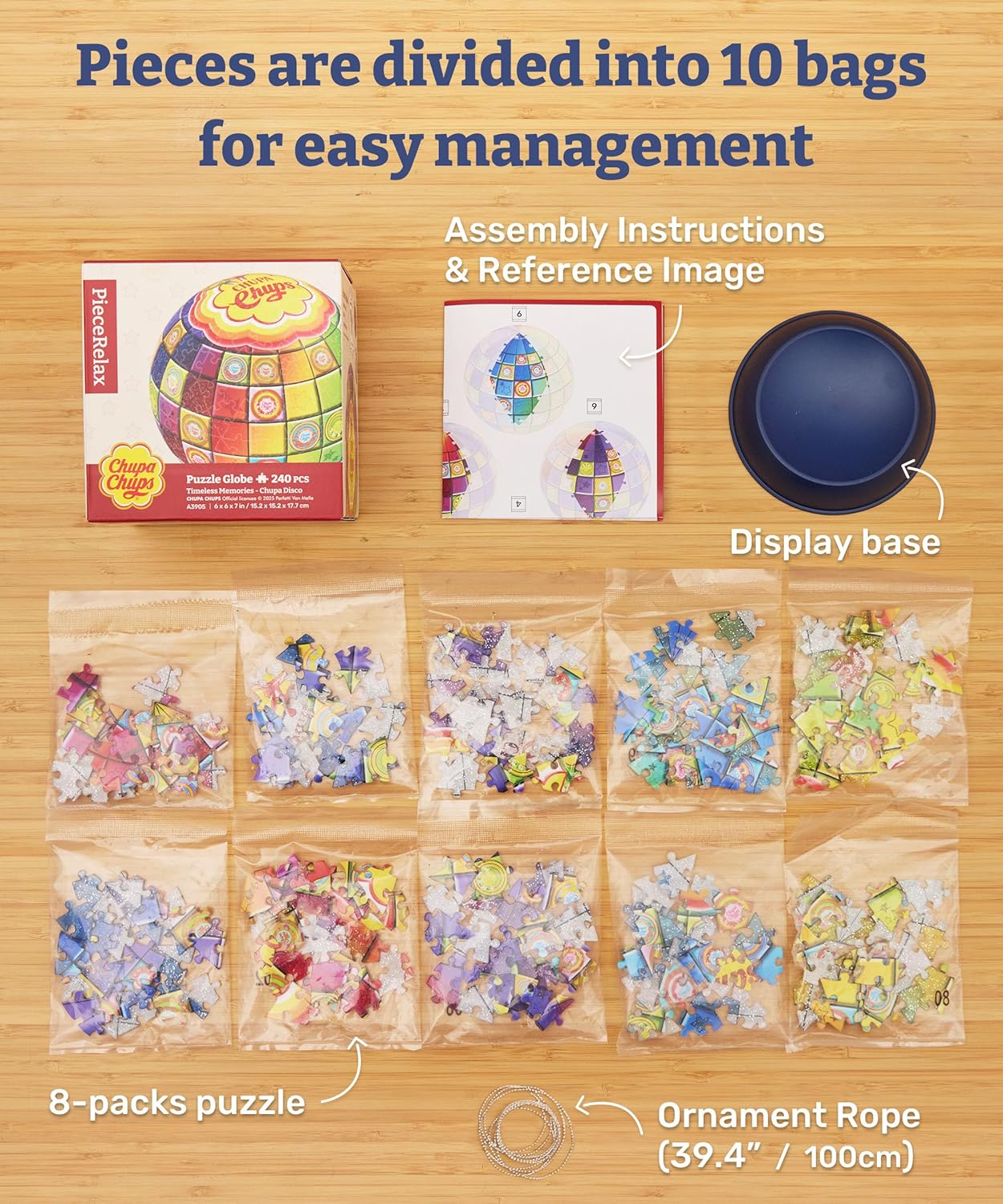 Chupa Chups X PieceRelax 3D Puzzle Ball 6-inch 240 Pieces - Timeless Memories - Chupa Disco Unique Gift & Home Décor with Curved Plastic Puzzle Pieces [A3905]