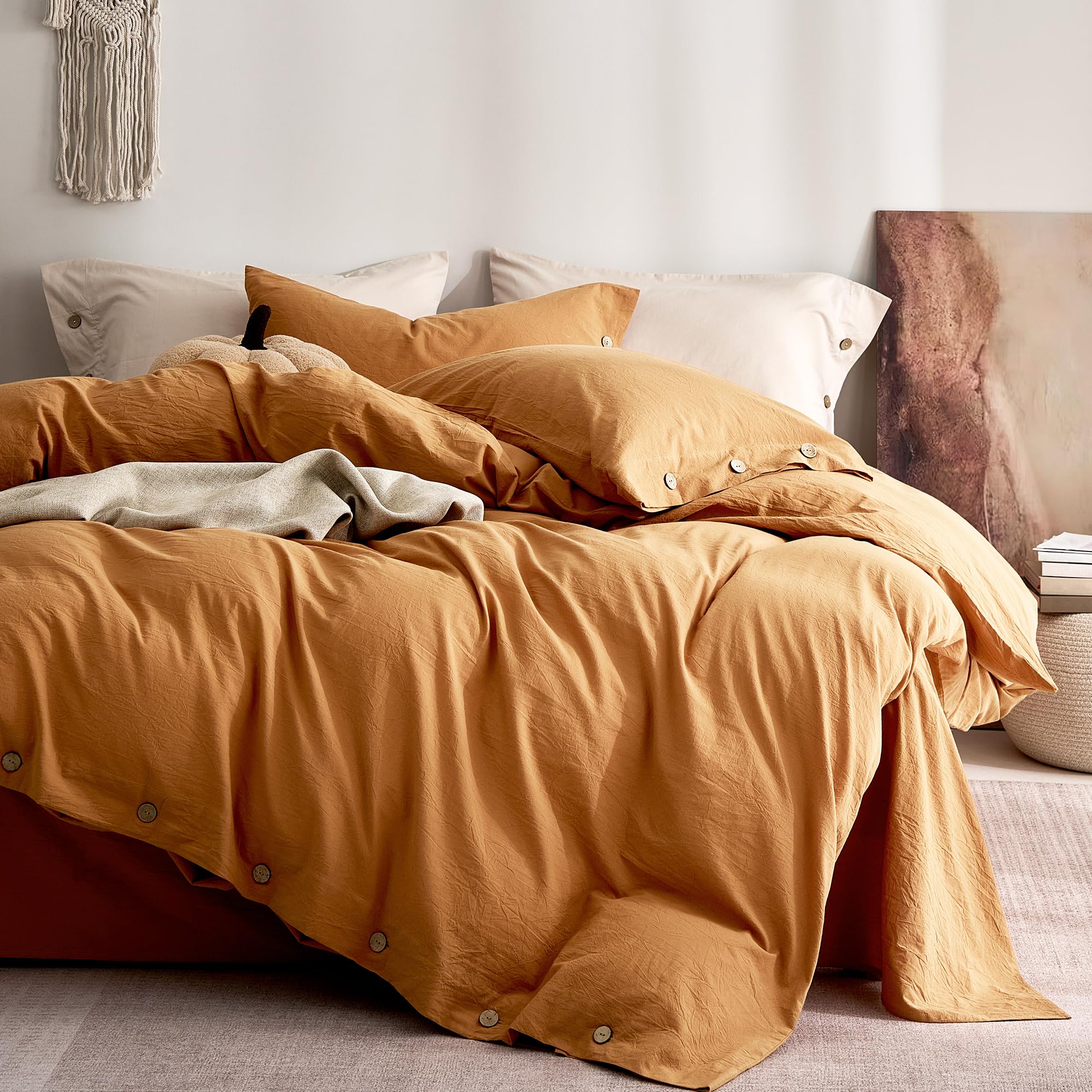 JELLYMONI 100% Washed Cotton Fall Amber Orange Duvet Cover Full, Linen-Like