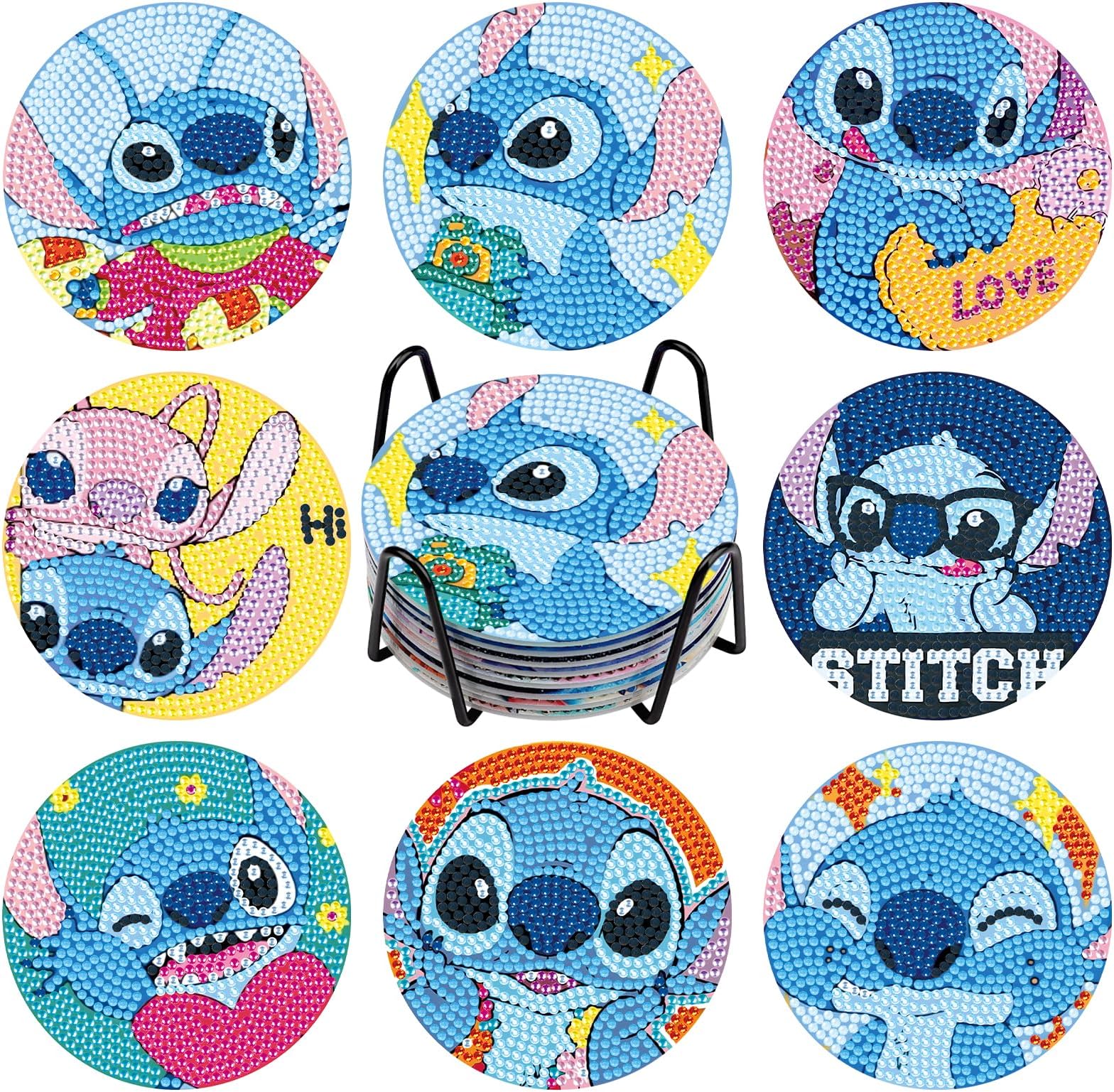 NAIMOER 8Pcs Stitch Diamond Painting Coasters, DIY Life Coaster Stitch Diamond Art Coaster Kits for Adults Kids, Full Drill 5D Diamond Painting Coaster with Holder Cork Pad for Home (Stitch Style)