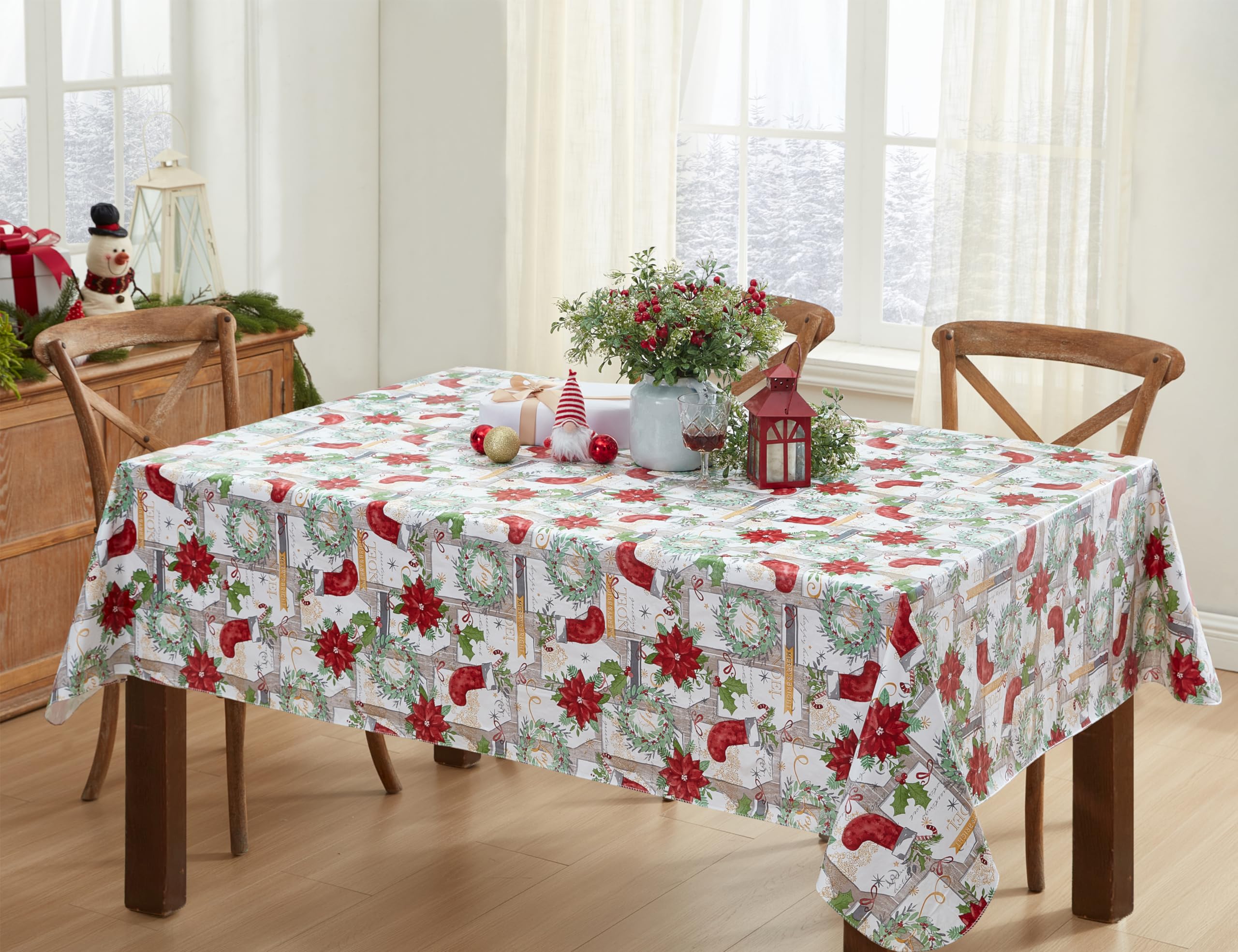 Newbridge Merry Christmas Stocking Holiday Vinyl Flannel Backed Tablecloth - Noel Christmas Wreath, Festive Seasons Greetings Print Wipe Clean Easy Care Xmas Tablecloth, 52” x 70” Oblong/Rectangle