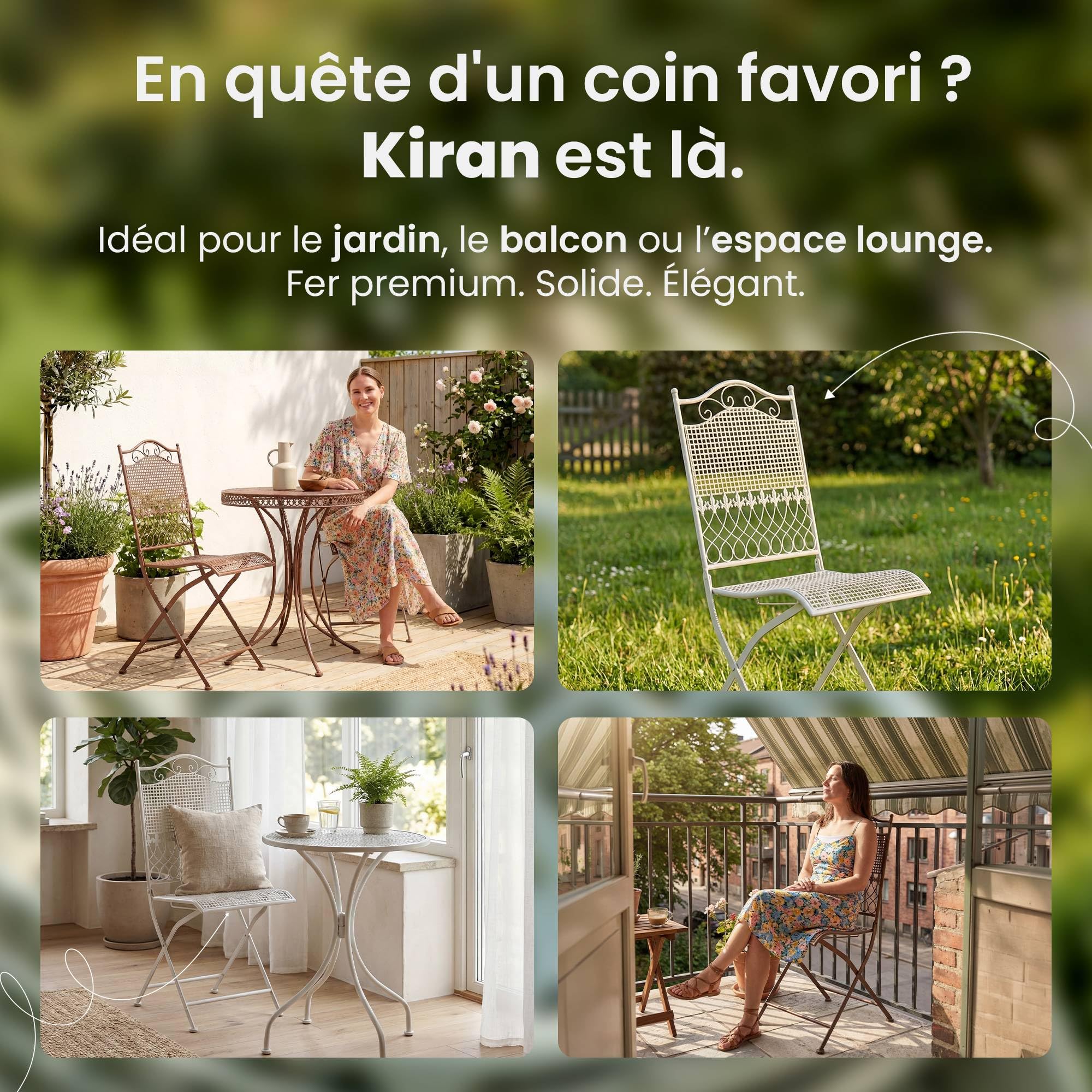 CLP Lot de 2 chaises de Jardin Pliantes Kiran, en Fer forgé Style Art Nouveau, romantiques pour terrasse, Balcon, Jardin, Couleur:Blanc