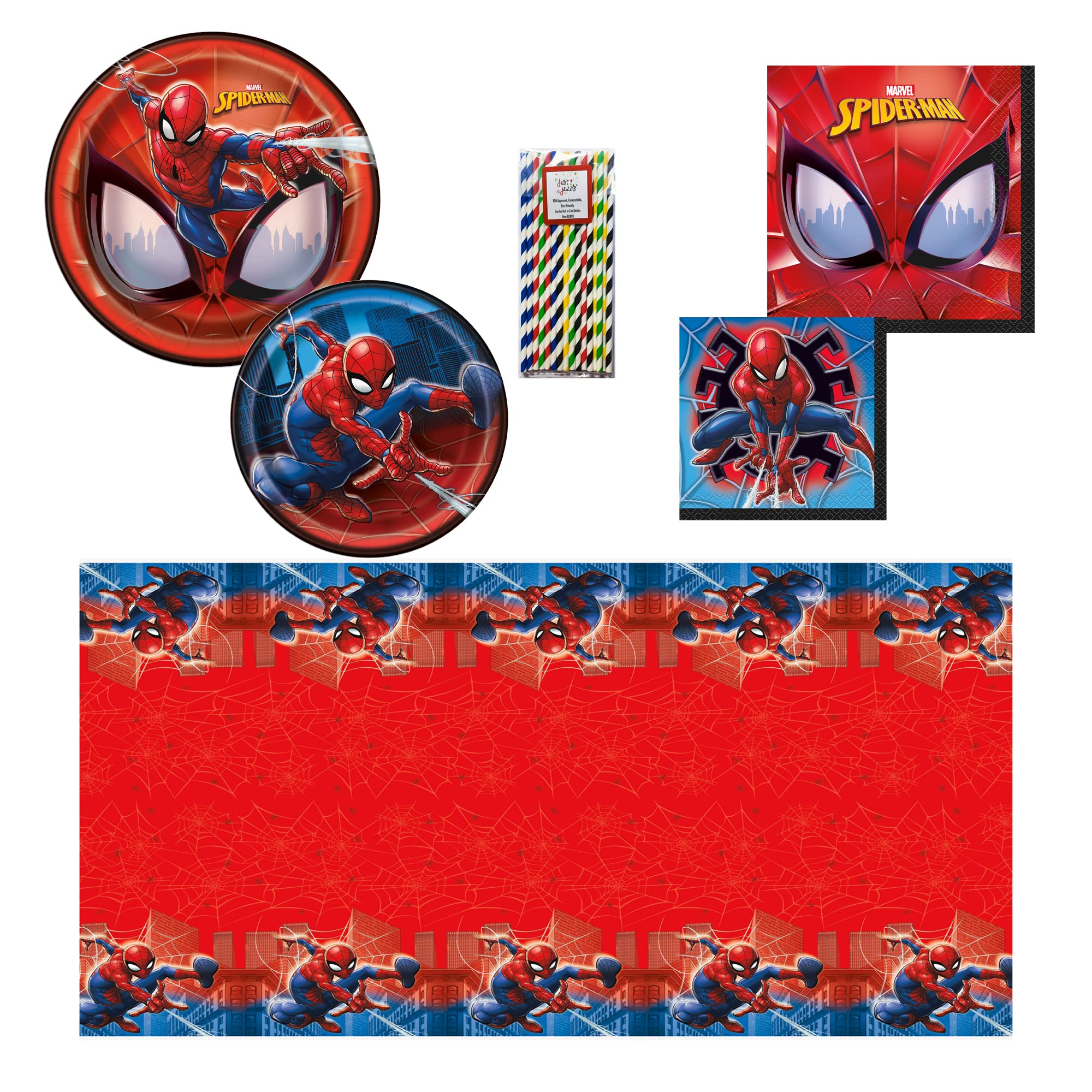 Just Jazzle Unique SpiderMan Birthday Party Tableware Kit Napkins, Plates Bundle, 16 Guests