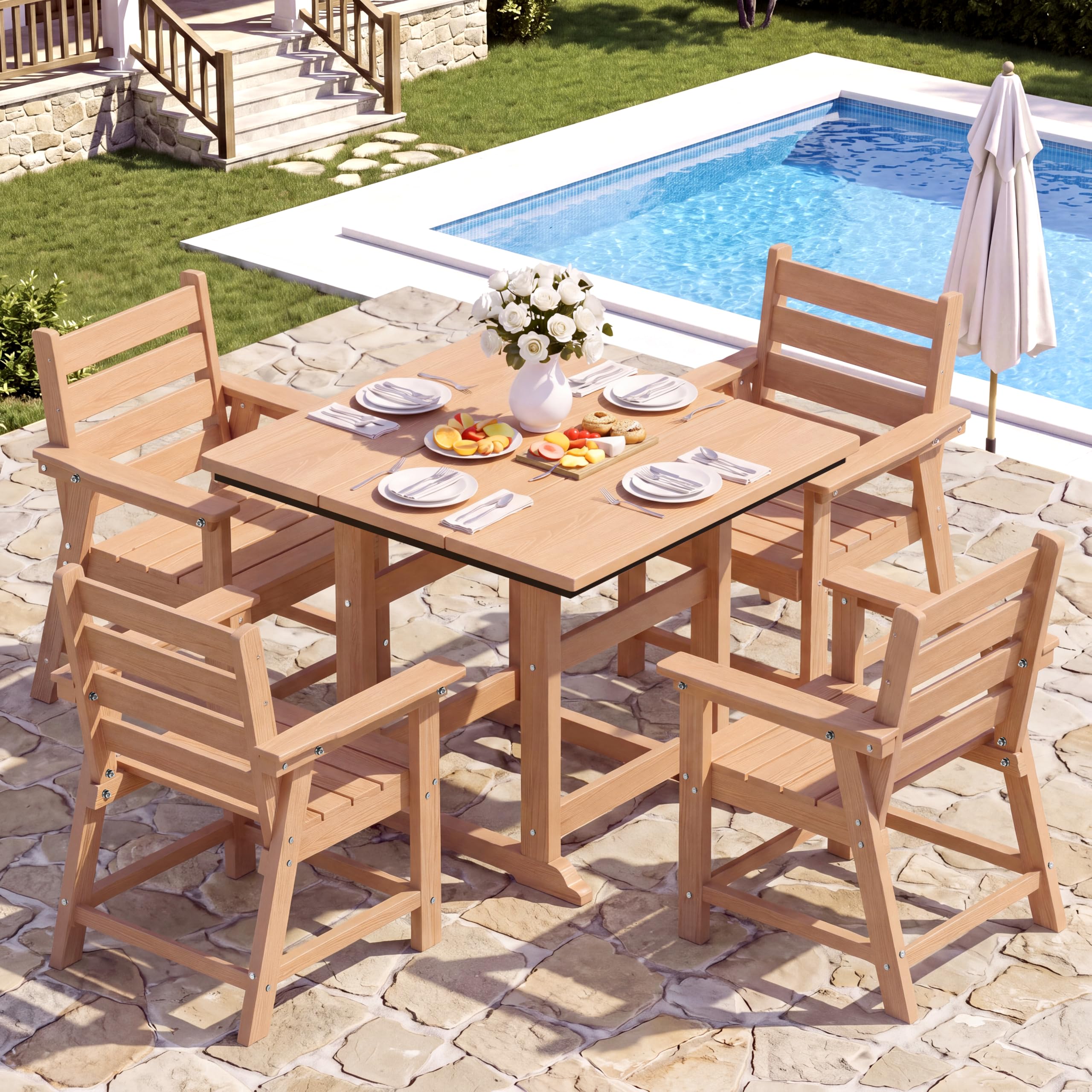 HDPE Outdoor Dining Set, Patio Dining Set of 5, Cedar