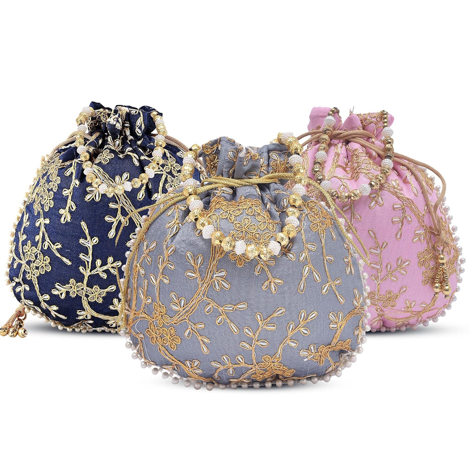 Kuber Industries Pack of 3 Potli Bags for Women and Girls | Shagun pouch for festive season | Embroidered Bridal Purse-Dark Blue, Light Pink and Gray