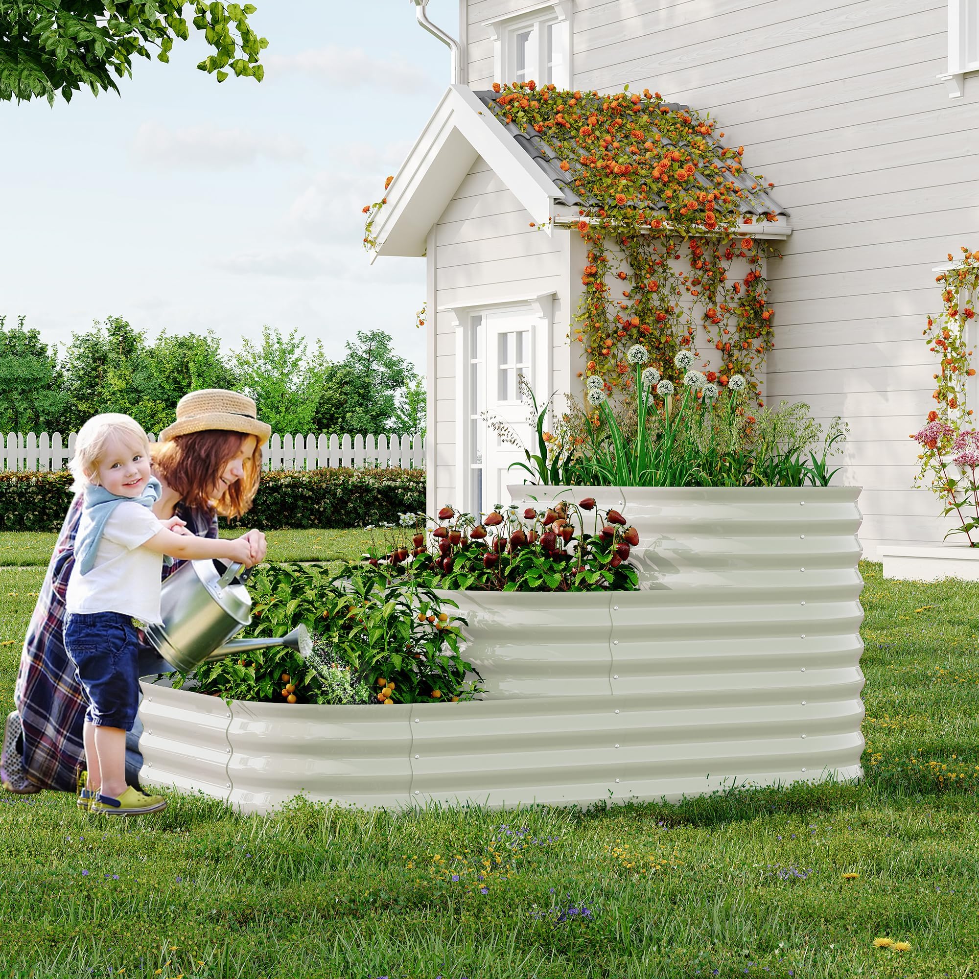 CuteHairy 3-Tier Galvanised Steel Raised Garden Bed Kit – Modular Planter Box with Durable, Safe Edges & Rust-Resistant, Easy Assembly for Flowers, Vegetables & Herbs – Outdoor Gardening – White