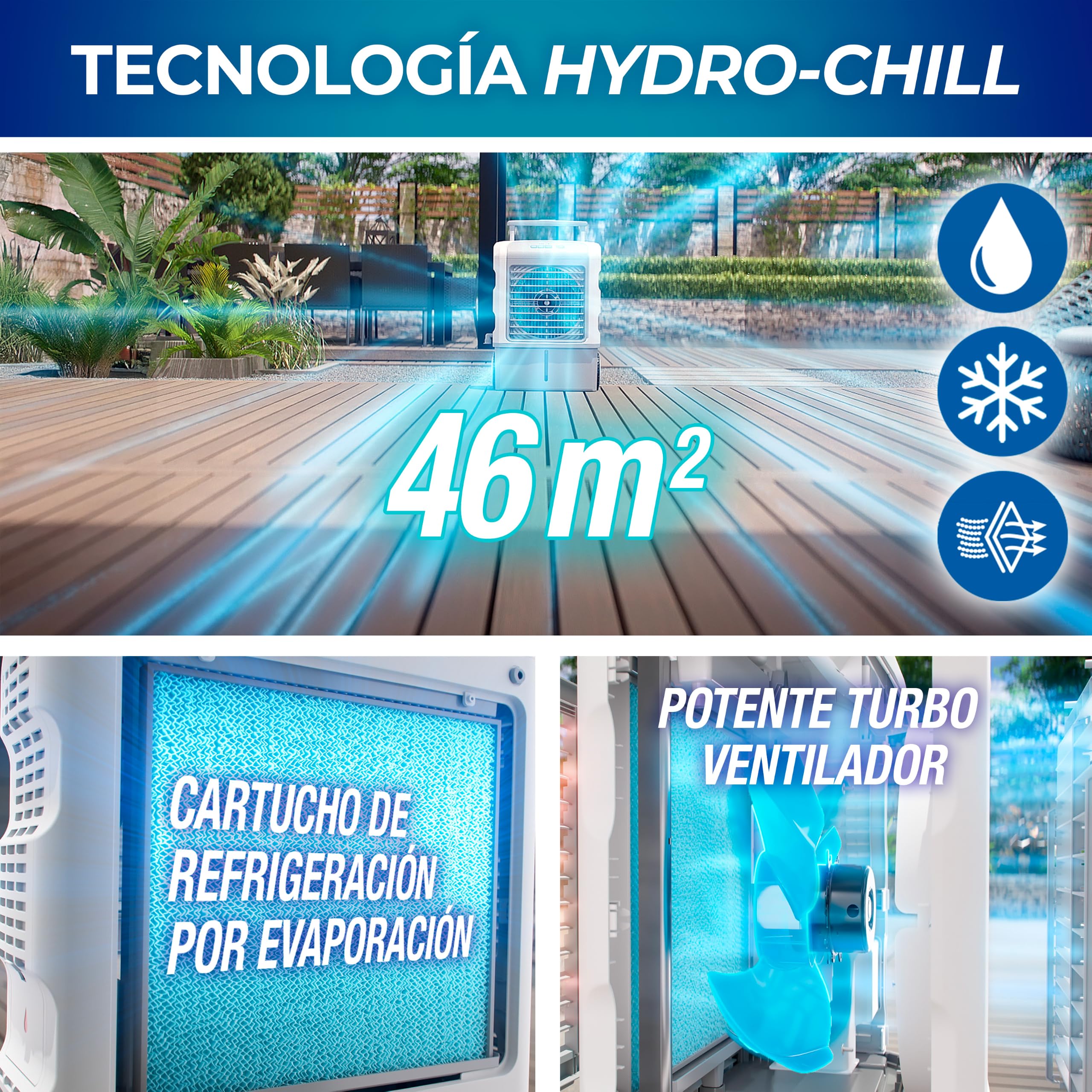 Enfriador Evaporativo Portátil TITAN CHILL. EXTERIOR/Interior. Tecnología Hydro-Chill. Depósito agua18L. Refresca hasta 46 m². 3 Velocidades. Conexión a Manguera. Ruedas/Asa. Sin instalación.