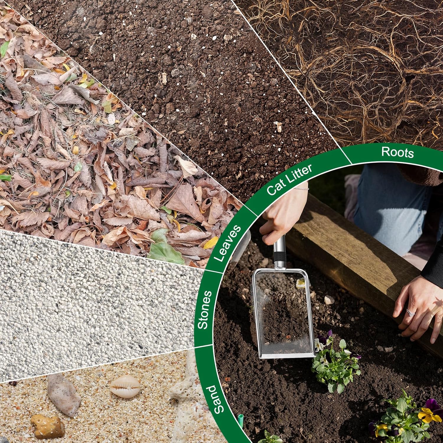 M METERXITY 4-Pack Gardening Soil Sifter, 2.5/3.3/4/6 mm Mesh Stainless Steel Sand Soil Compost Sieve with Stainless Steel Handle for Sand/Dirt/Rock Compost [Silver Tone]