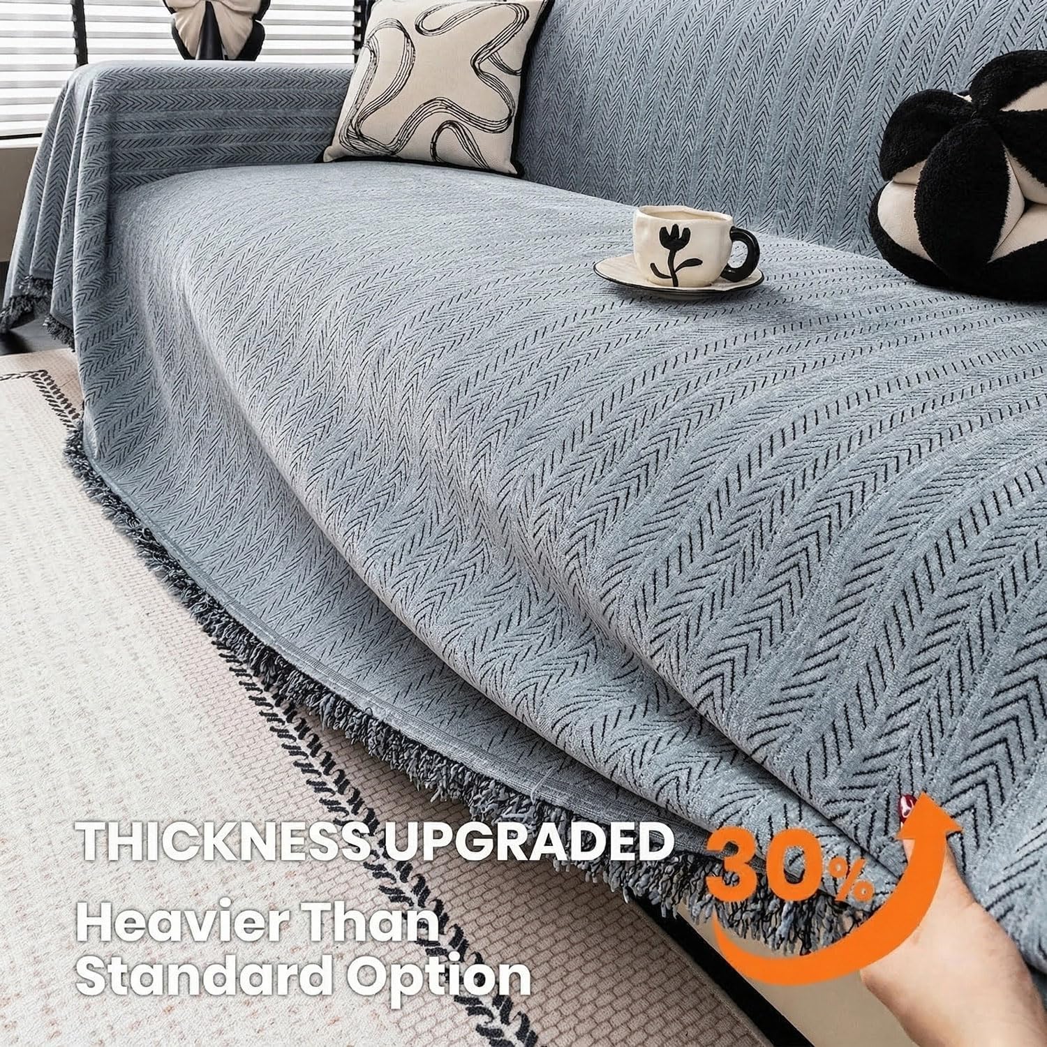Nobildonna Chenille Couch Cover for Sofa Cover Washable Pet Scratch Couch Covers Tassel Sofa Slipcover for 2 Cushion Couch,Furniture Protector Blanket for Living Room,Dusty Blue 71"x118"