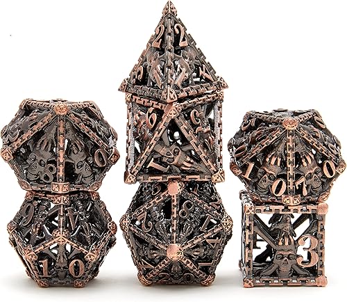 Tbrand Juego de dados de metal, dados de metal de calavera poliédricos huecos adecuados para juegos de rol de Calabozos y Dragones, cobre rojo