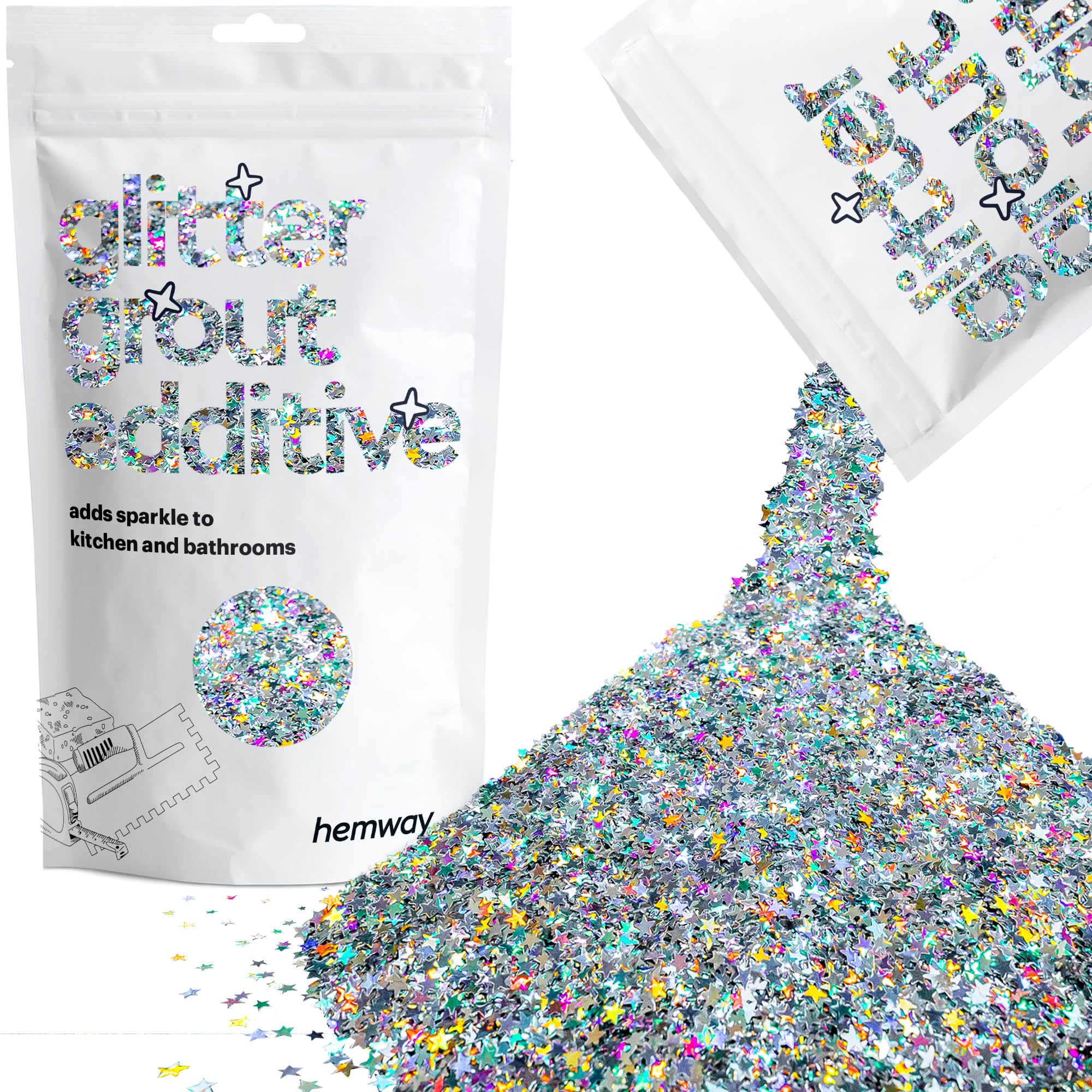 Glitter Grout Additive add Sparkle to Mosaic Tiles, Bathrooms, Wet Rooms, Kitchens, Tiled Based Rooms and Cement Based Grouts 100g / 3.5oz - Silver Holographic Stars