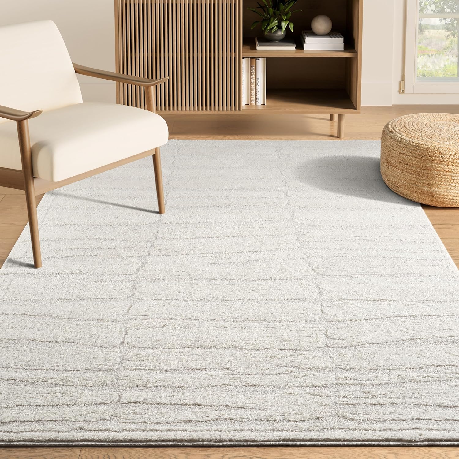 Abani Nomad Collection Cream Area Rug, 4' x 6' – Textured Linear Design, Non-Shedding, Easy to Clean, Durable for Living Rooms, Bedrooms & Offices