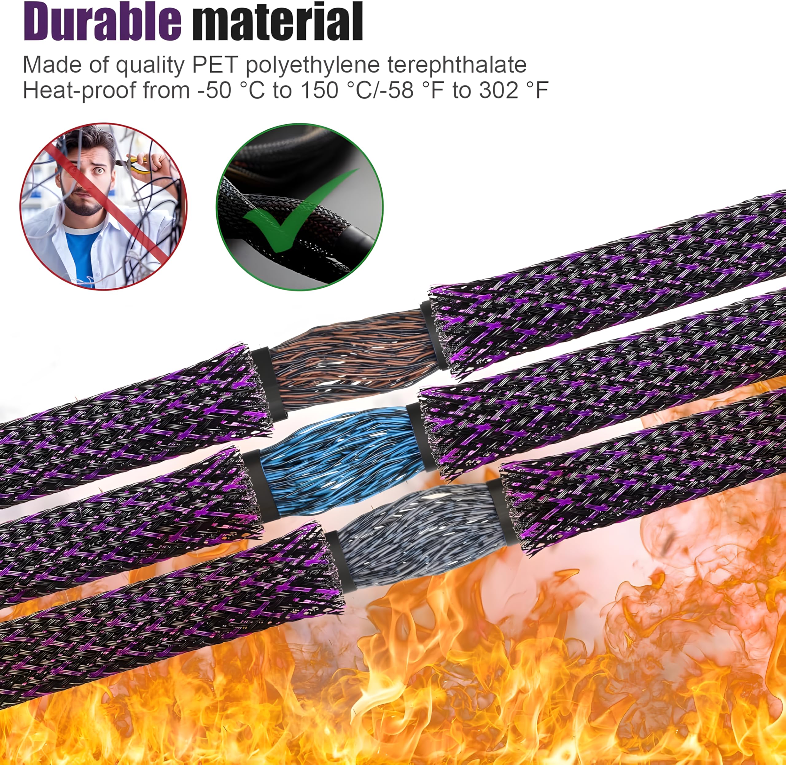 Tatuo Guaina intrecciata espandibile da 46 m, multi dimensione, con 240 tubi termorestringenti per televisione, audio, cavi video, animali domestici, 1/4", 2/5", 1/2", 3/4" (viola)