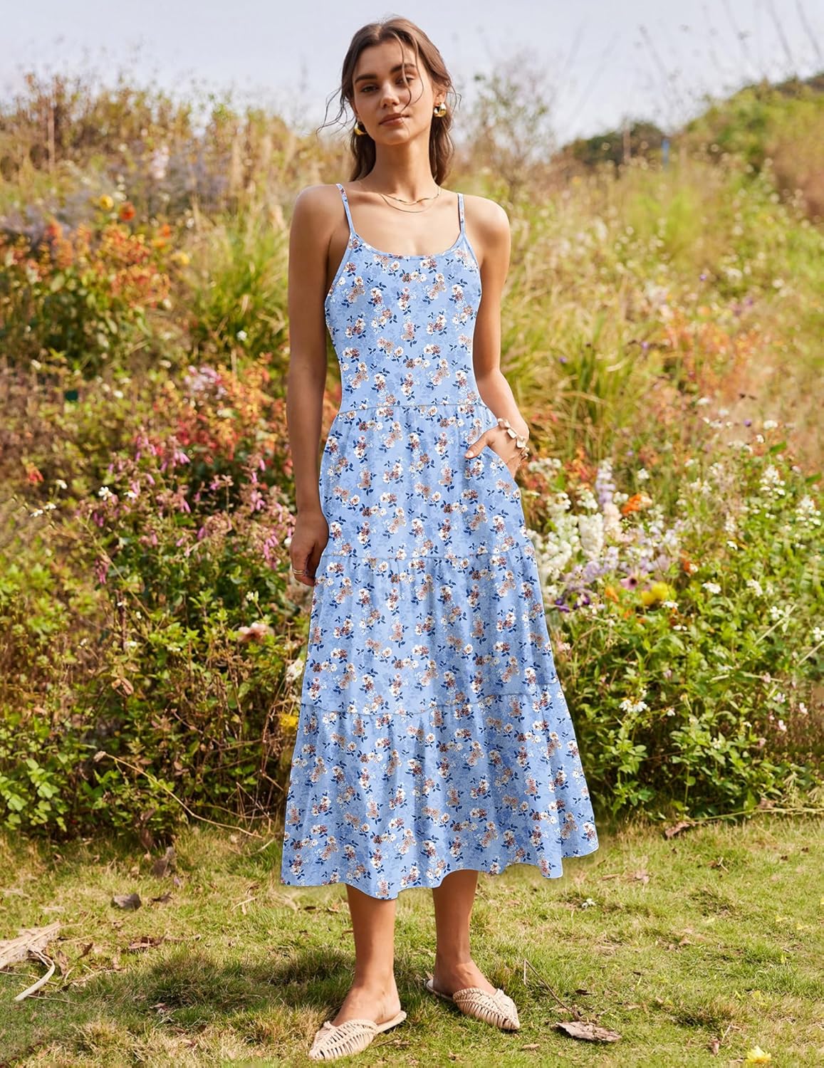 Zeagoo Womens Summer Long Dress Adjustable Spaghetti Strap Floral Casual Dress with Pockets Flowy Tiered Beach Sundress - Image 2