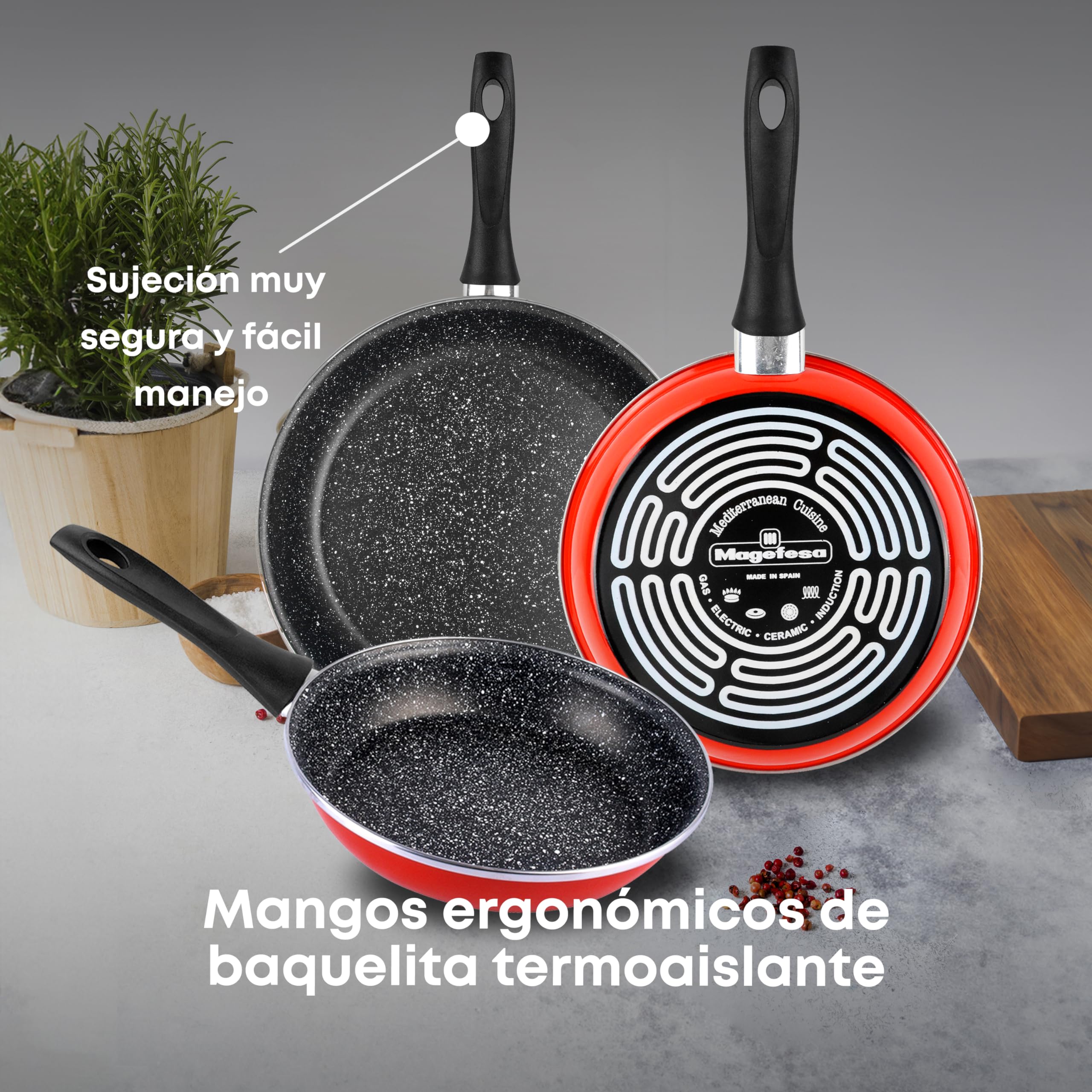 Magefesa K2 Rojo Juego de 3 sartenes (20/24/28)cm de acero vitrificado exterior rojo. Antiadherente bicapa reforzado efecto piedra, aptas para todo tipo de cocinas