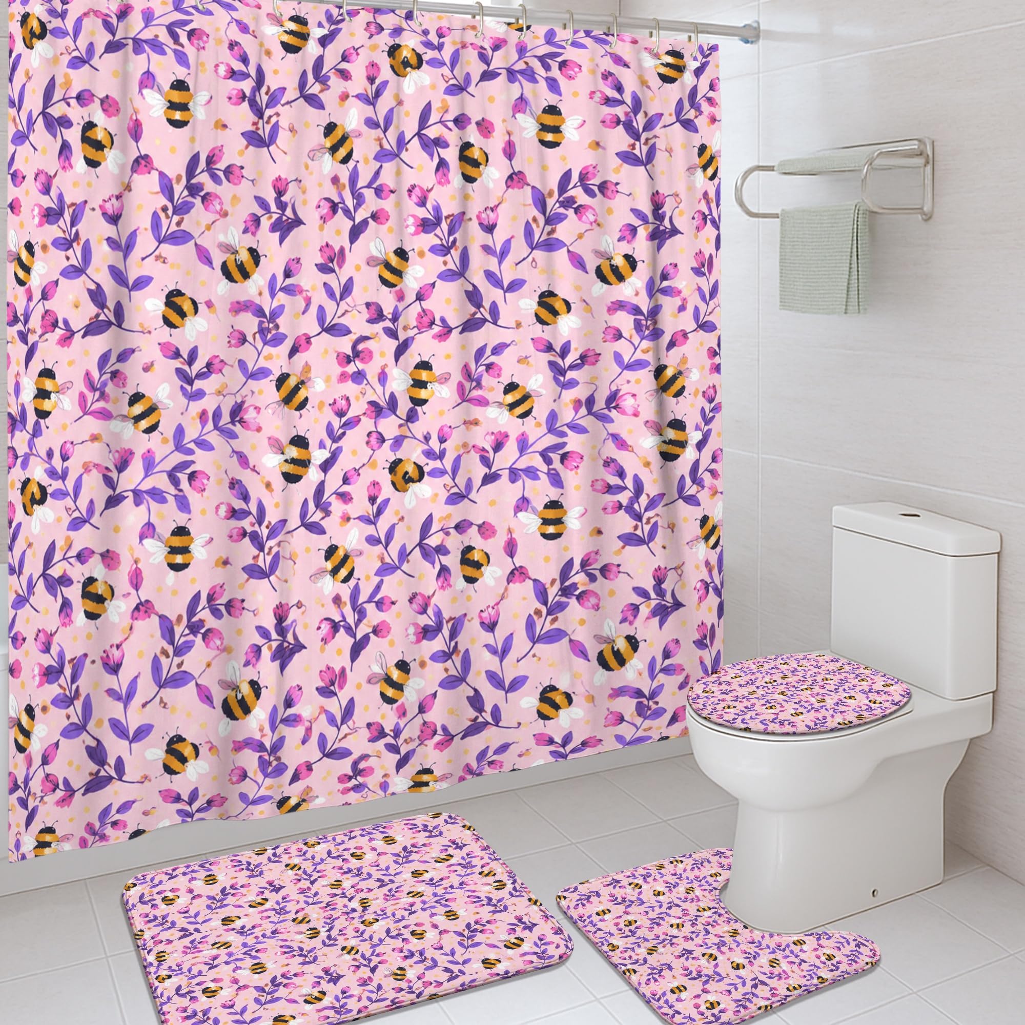 Rideau de douche abeille et fleur 183x183 avec tapis de bain en polyester imperméable