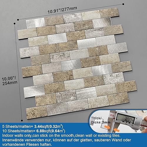 Miniatura 5 de M MOFIT Protector contra salpicaduras de ladrillo para cocina, salpicaduras de espalda para baños, paredes, azulejos impermeables (10 hojas, marrón