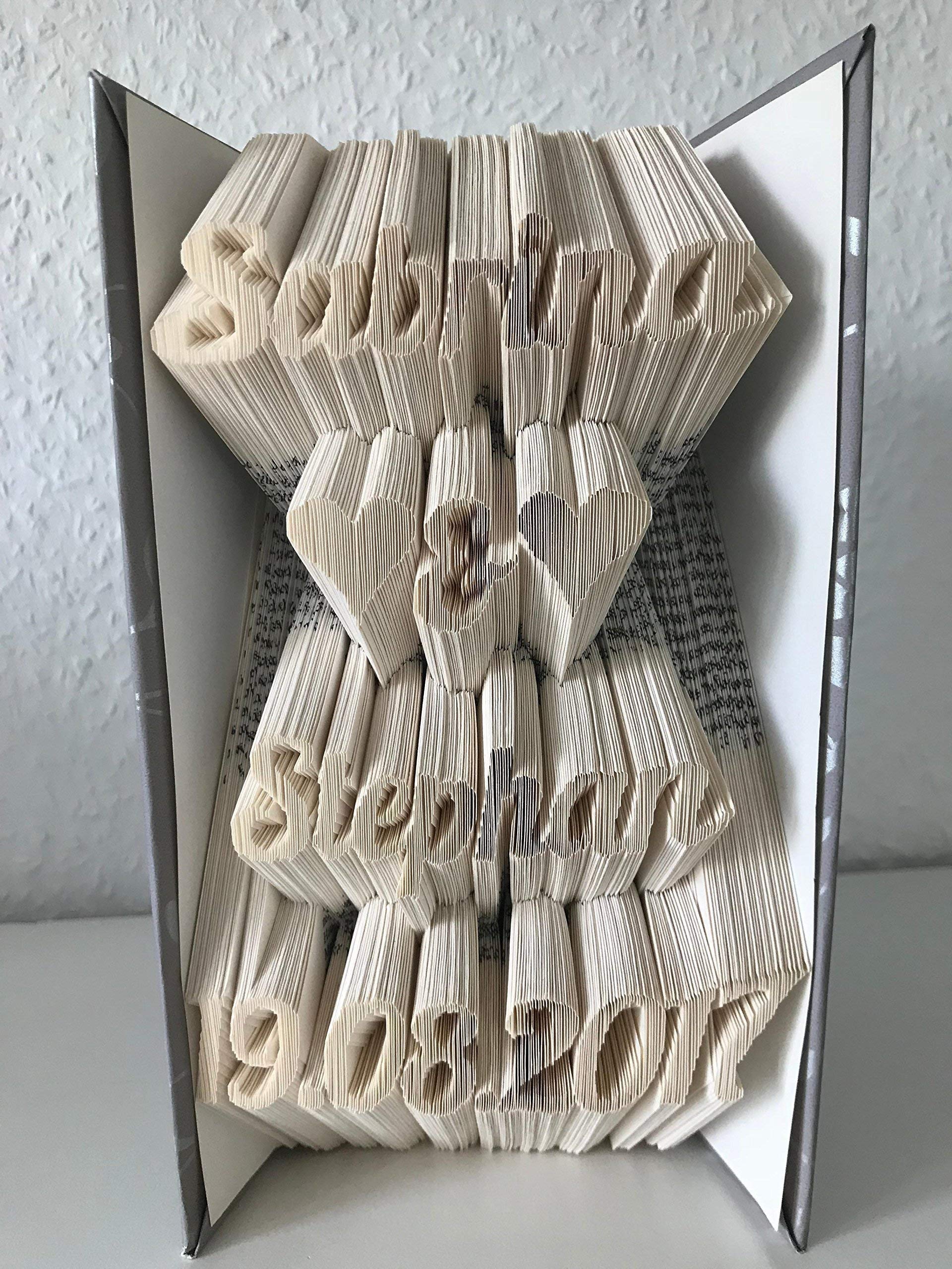 Gefaltetes Buch mit Wunschname & Datum – personalisiertes Geschenk Hochzeit, Jubiläum, Hochzeitstag, Jahrestag – Buchkunst mit Vier Zeilen nach Wunsch – handgefertigtes Unikat