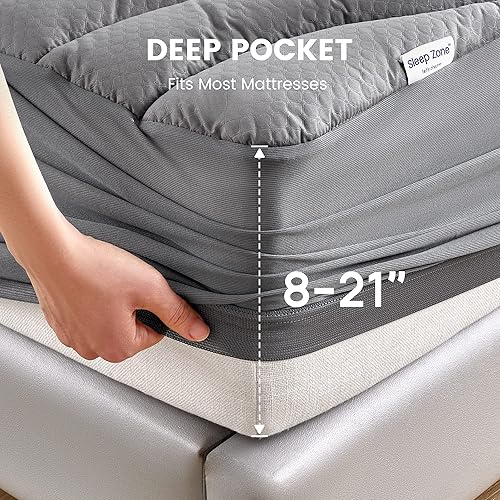 Miniatura 5 de SLEEP ZONE Protector de colchón impermeable gris tamaño matrimonial, cubrecolchón suave en relieve de alta calidad, funda protectora de colchón