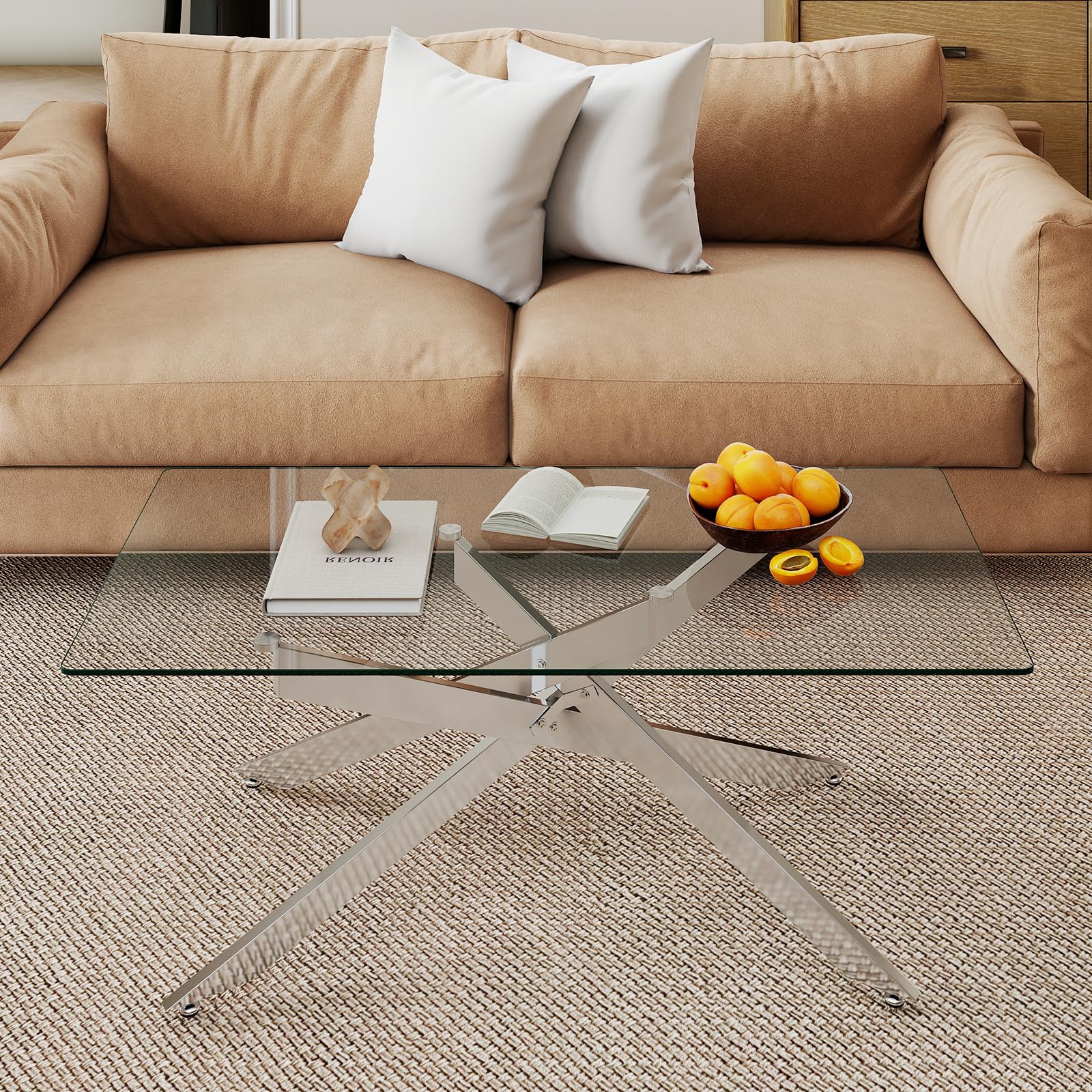 COSTWAY Tavolo da Caffè, Tavolino Salotto in Vetro Temperato con Gambe Incrociate in Metallo Placcato e Piedini Regolabili Antiscivolo, per Soggiorno e Ingresso, 120 x 60 x 45,5 cm (Argento)