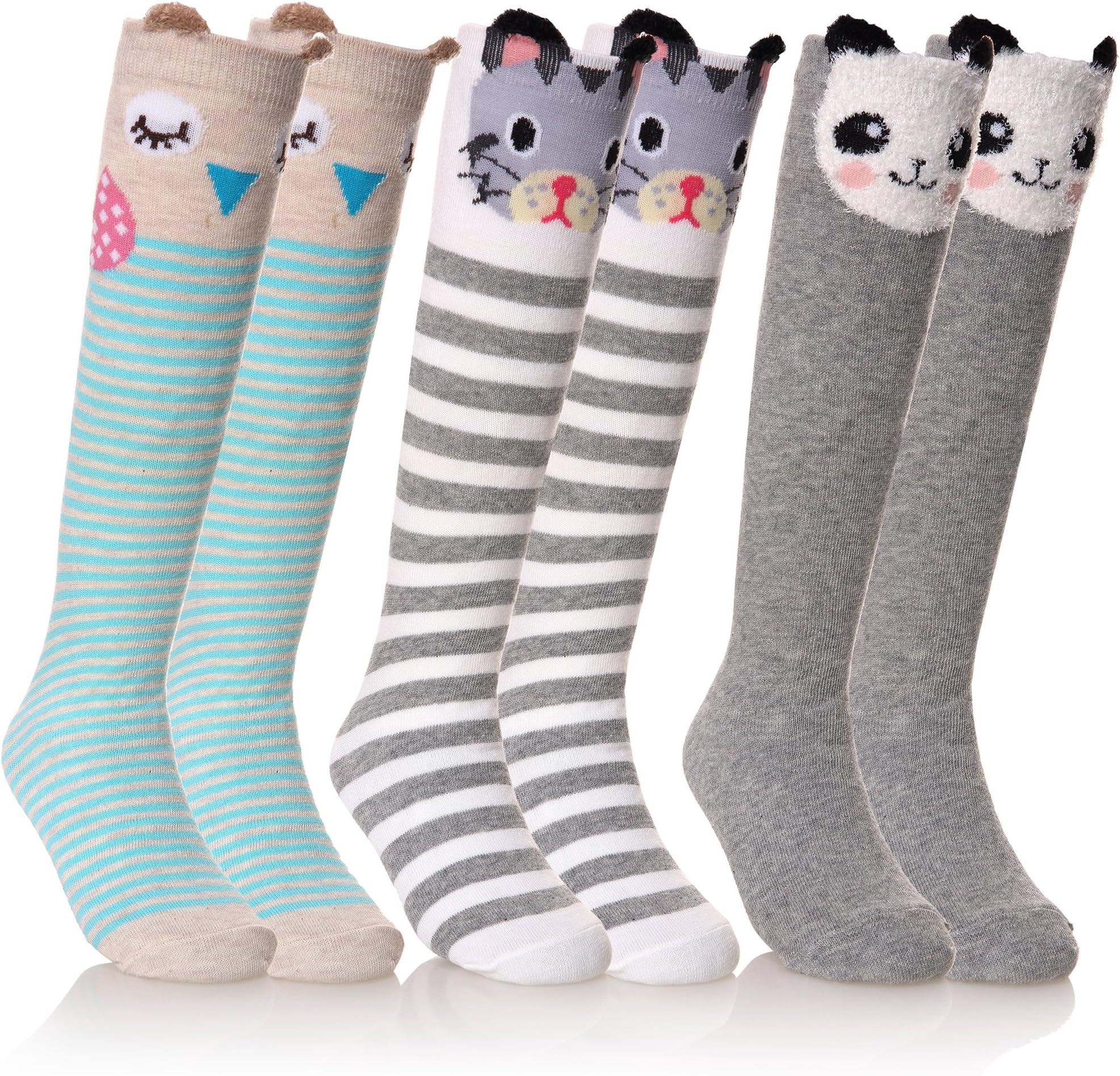 FNOVCO Girls Knee High Socks Kids Crazy Fun Gift Cute Animal Patterns Cotton Long Socks 6 Pairs