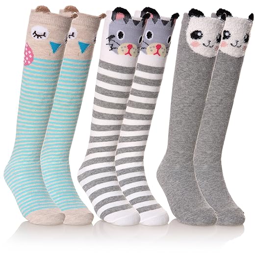 FNOVCO Girls Knee High Socks Cartoon Animal Patterns Cotton Over Calf Socks (6 Pairs Halloween Socks)