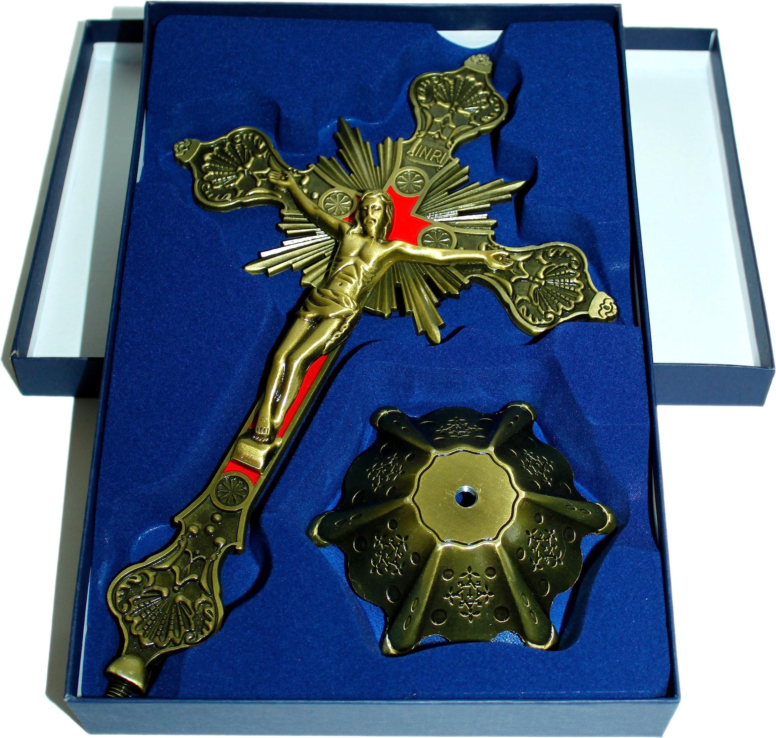 BC Catholic Standing Crucifix – Hand-Painted Resin Altar Cross, Vintage Gold Finish, 14.75 Inch