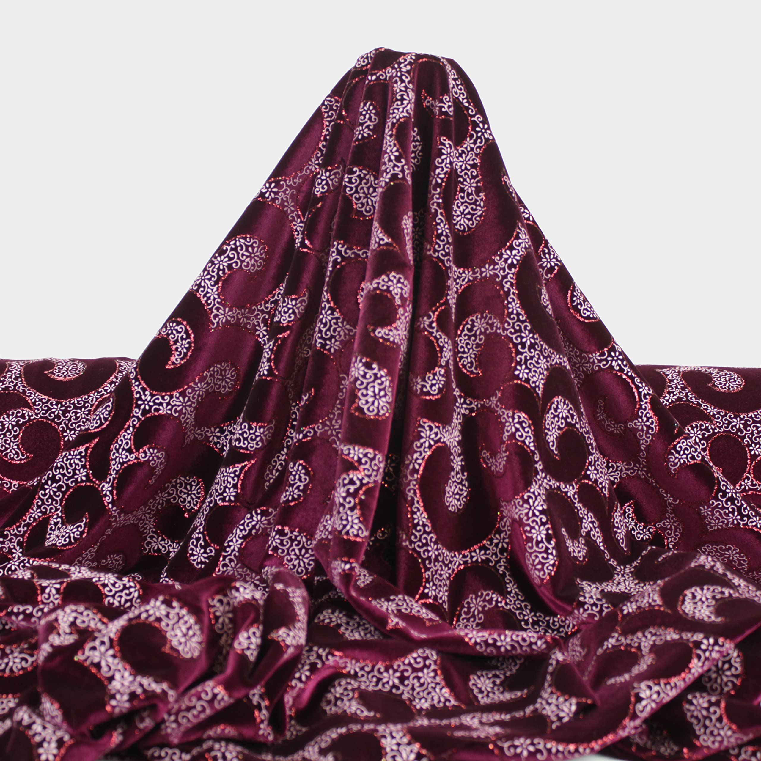 TERCIOPELO ELÁSTICO POR METROS CON ESTAMPADO ABSTRACTO DE PURPURINA, ANCHO150cm (BURDEOS, 3)