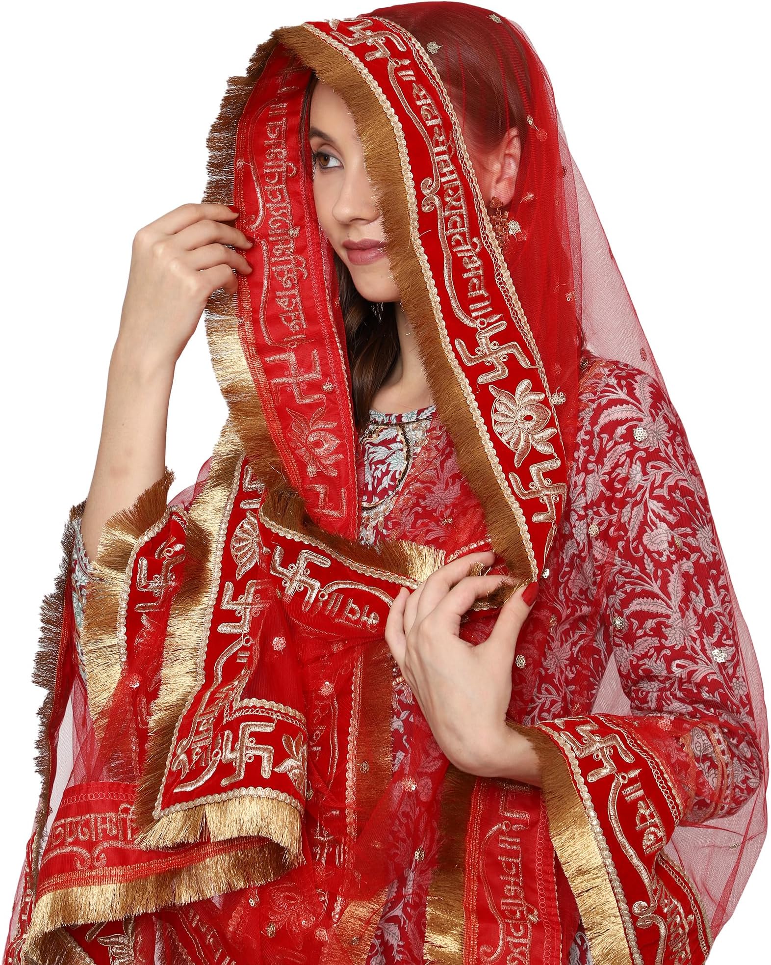 THE BRIDE MADE Gorgeous Printed Designer Women's Net Dupatta for Girls/Ladies (Red_Free Size)