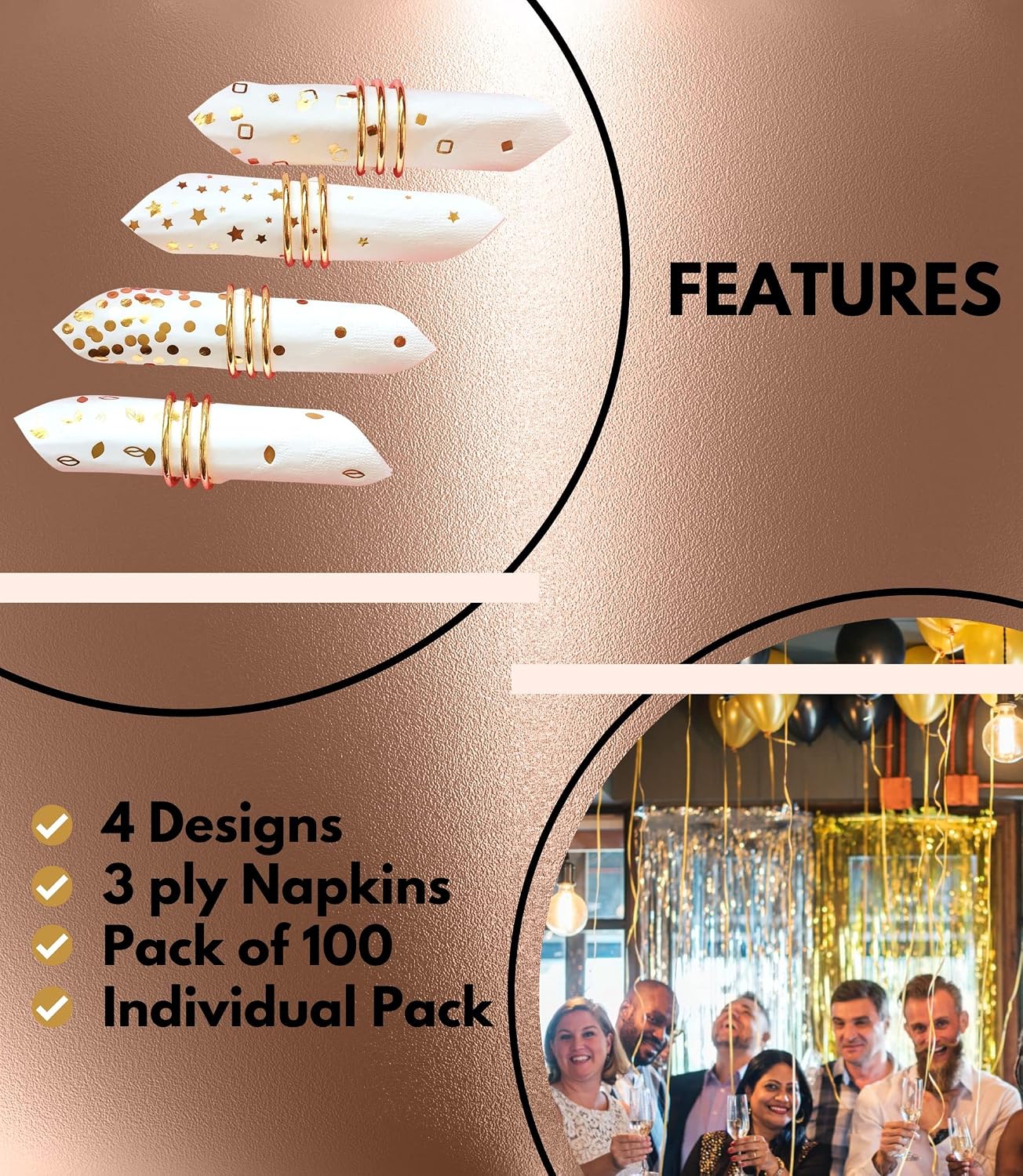 100 PK Gold Napkins - 4 Assorted Designs - 3-Ply Cocktail Napkins Folded 5 x 5 Inches Bar Napkins Disposable Party Napkins Paper Napkins Dinner for Wedding Baby Shower Birthday Graduation 2023