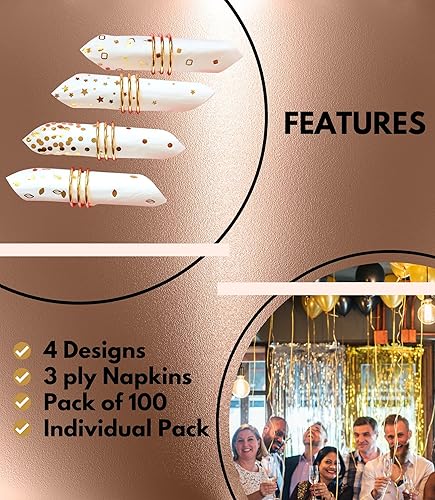 Miniatura 4 de Paquete de 100 servilletas doradas  4 diseños surtidos  Servilletas de cóctel de 3 capas plegadas de 5 x 5 pulgadas, servilletas de bar desechables
