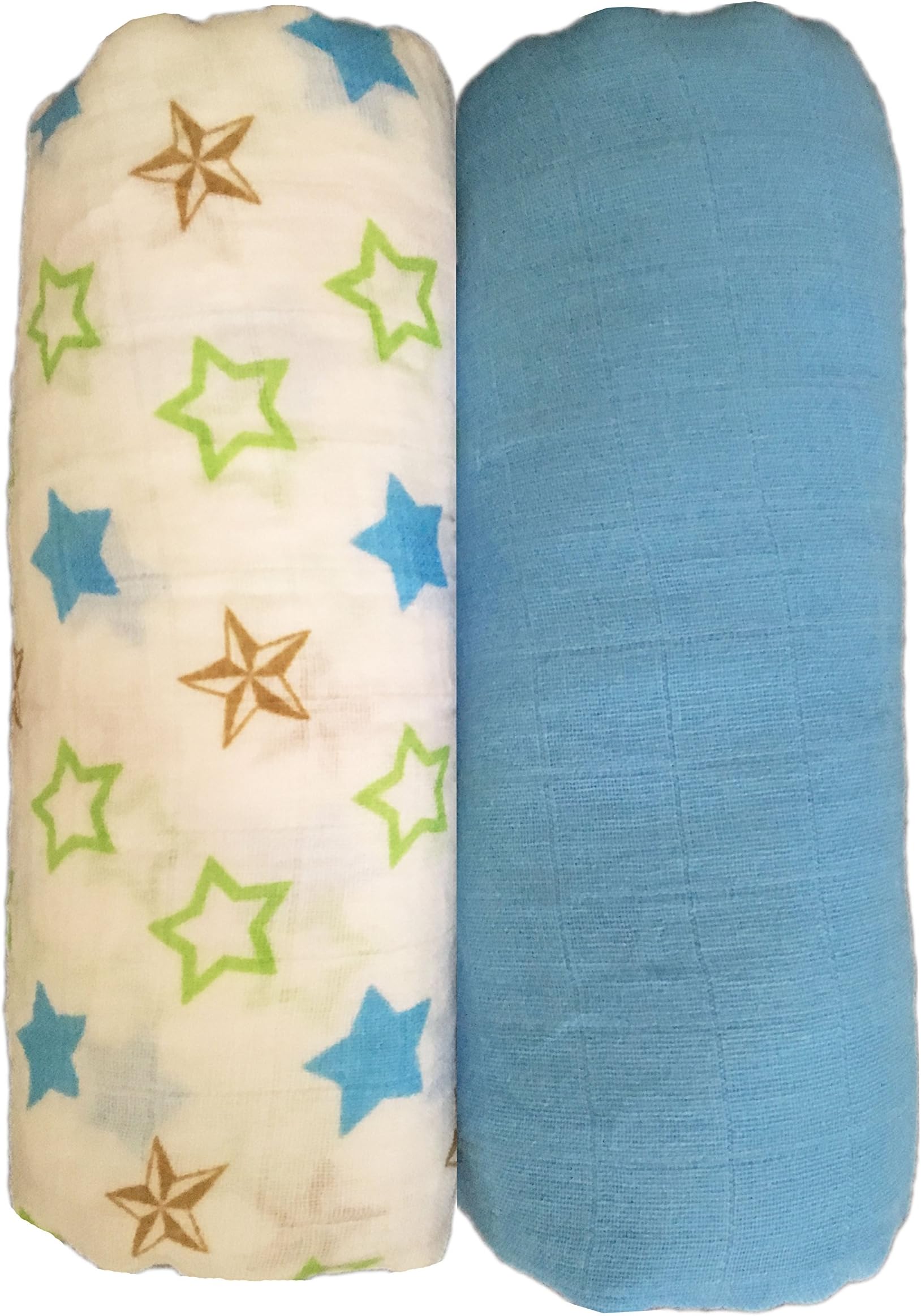 Muslin Swaddle Blankets 2 Pack - 100% Cotton - 47" x 47" - Stars and Solid Blue - Lifetime Guarantee - Unisex for Boys or Girls