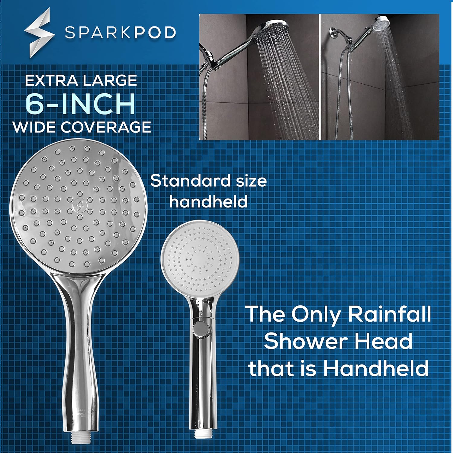 SparkPod High Pressure Handheld Shower Head with Hose, Large Face 6 Inch Rain Shower with Extra Long Hose 6 Feet - Image 4