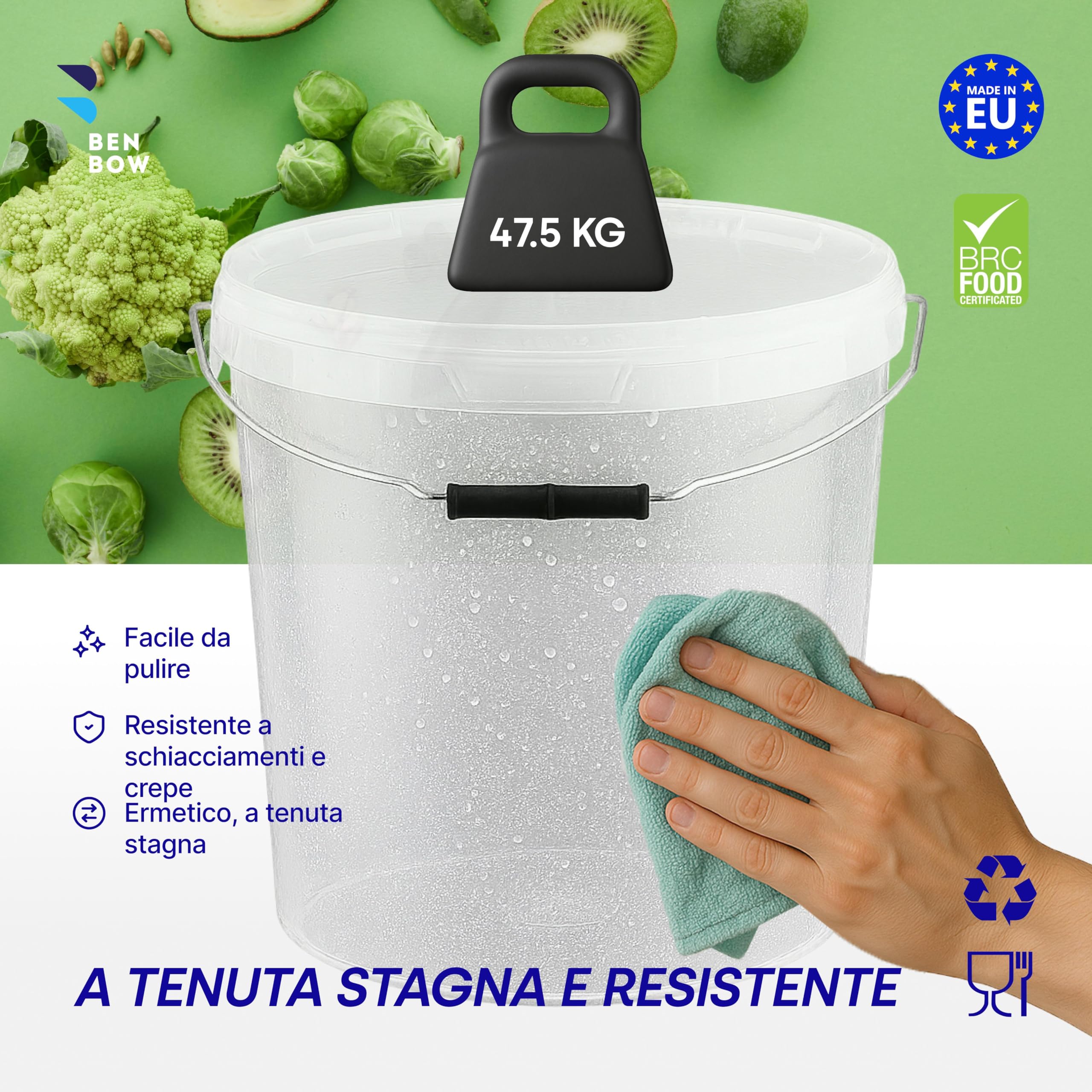 BenBow Secchio con coperchio 20l trasparente 100x 20 litri - sicuro per gli alimenti, stabile, ermetico, a prova di perdite - contenitore per la conservazione in plastica, con manico in metallo -vuoto