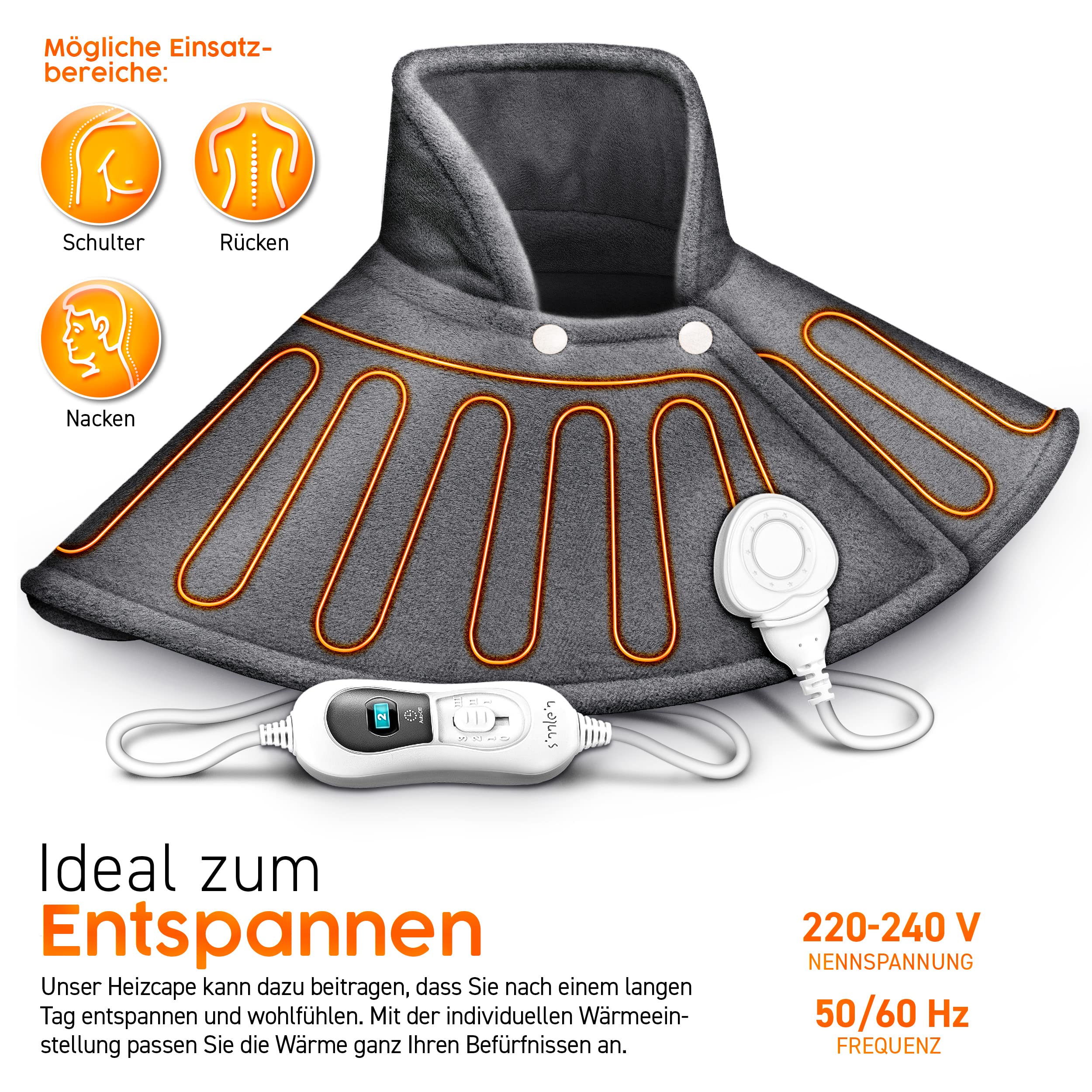 sinnlein Heizkissen elektrisch für Schulter, Nacken und Rücken | Heizcape mit 3 Temperaturstufen & Abschaltautomatik | Wärmekissen mit Abschaltautomatik und 100W