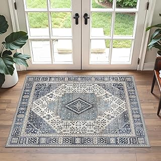 GENIMO Boho Vintage Fußmatte Waschbar 60x90CM, Rutschfester Kurzflor Teppich für Eingang, Bad oder Balkon, Stilvoller Kleiner Teppich