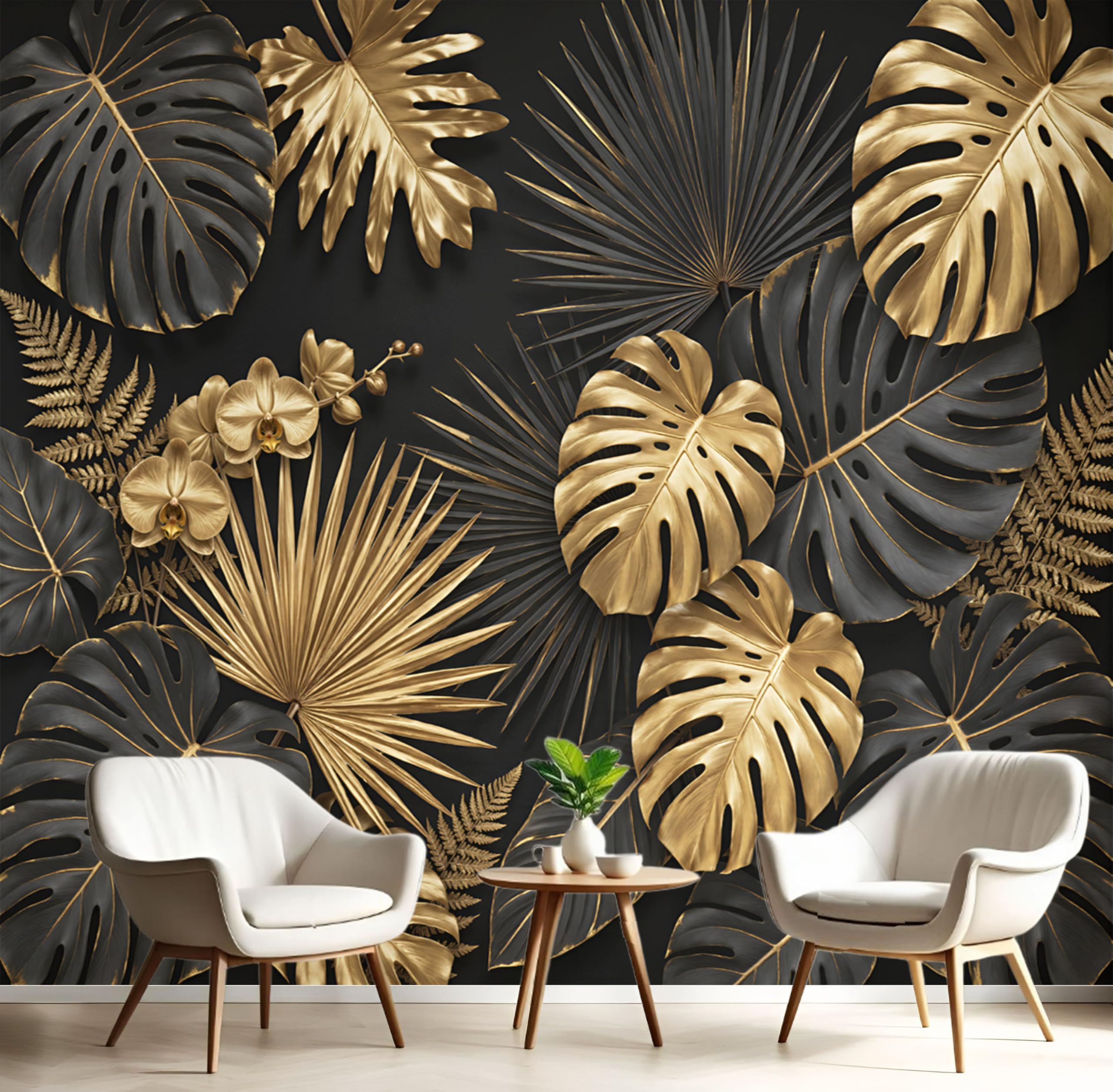 3D Papier Peint Plantes Tropicales LuxePapier Peint Feuilles Monstera Orchidées Pour Salon Chambre Chambre D'Enfant Décoration Murale (250×175 CM,Or)