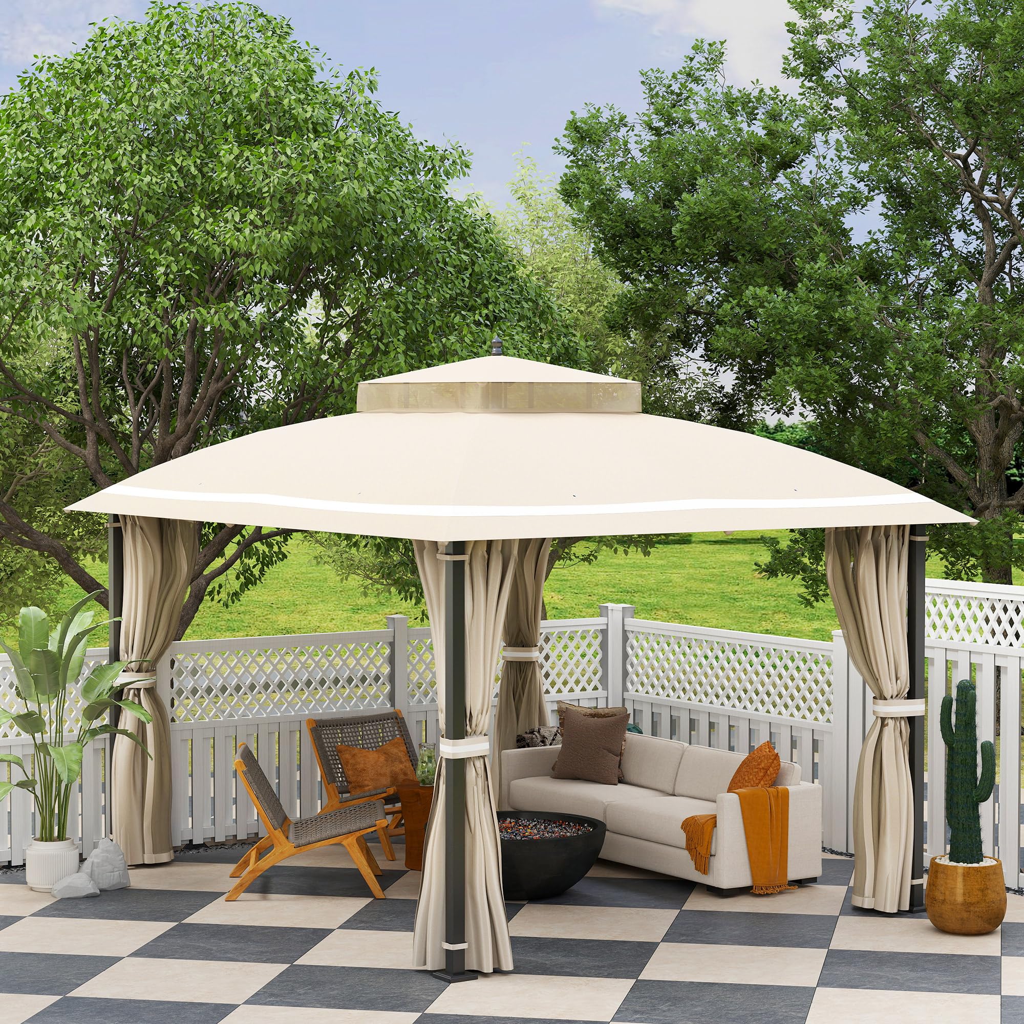 Outsunny Gazebo da Giardino 3.7x3m con Zanzariere, Doppio Tetto, Fori di Drenaggio e Pareti Laterali, Gazebo da Esterno in Metallo e Poliestere, per Giardino, Feste, Campeggio, Protezione UV, Beige