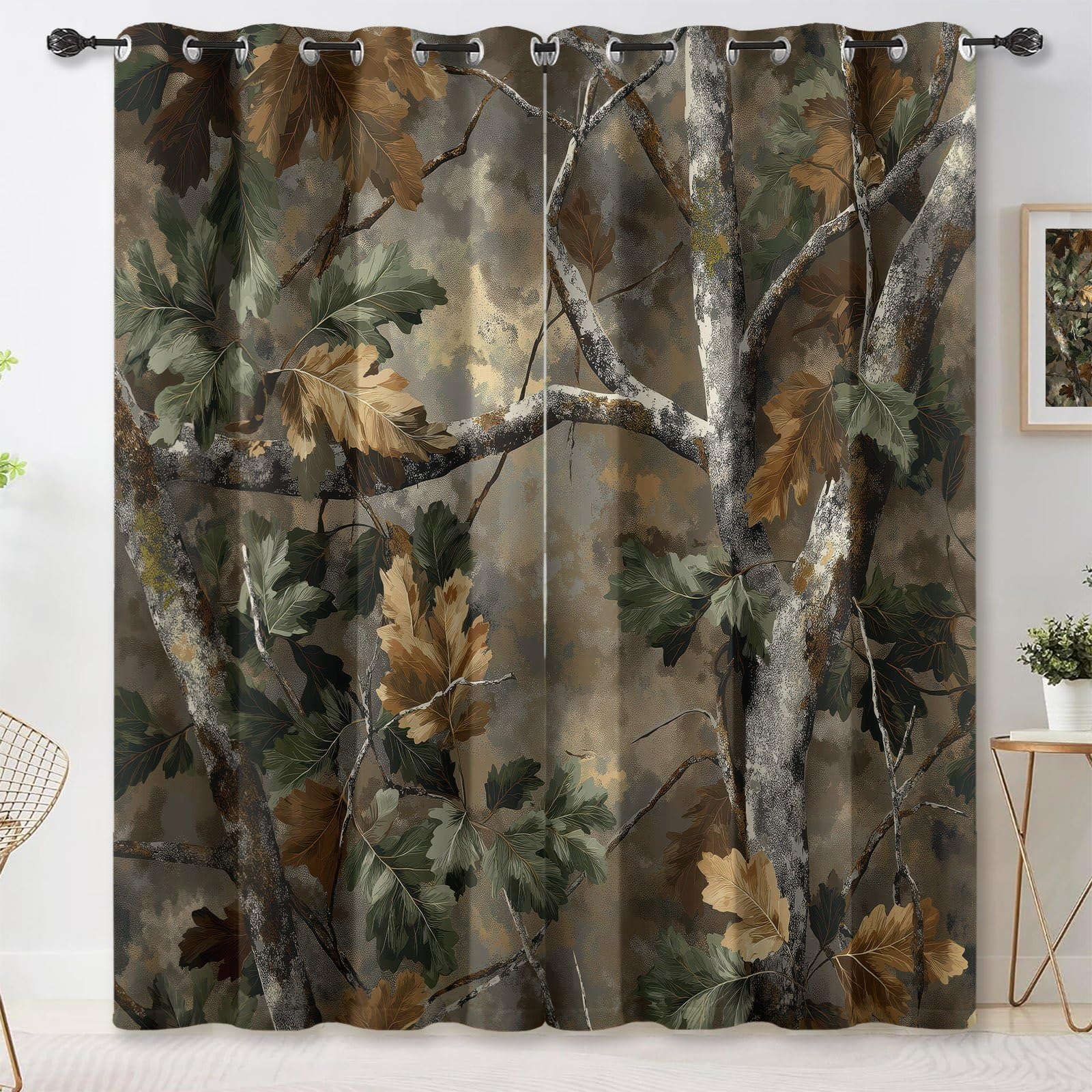 Tenda oscurante naturale rustica, set di 2 tende oscuranti termiche isolanti con occhielli, motivo foglie di rovere, camuffamento marrone, camera da letto, soggiorno, finestra, 140 x 200 h cm