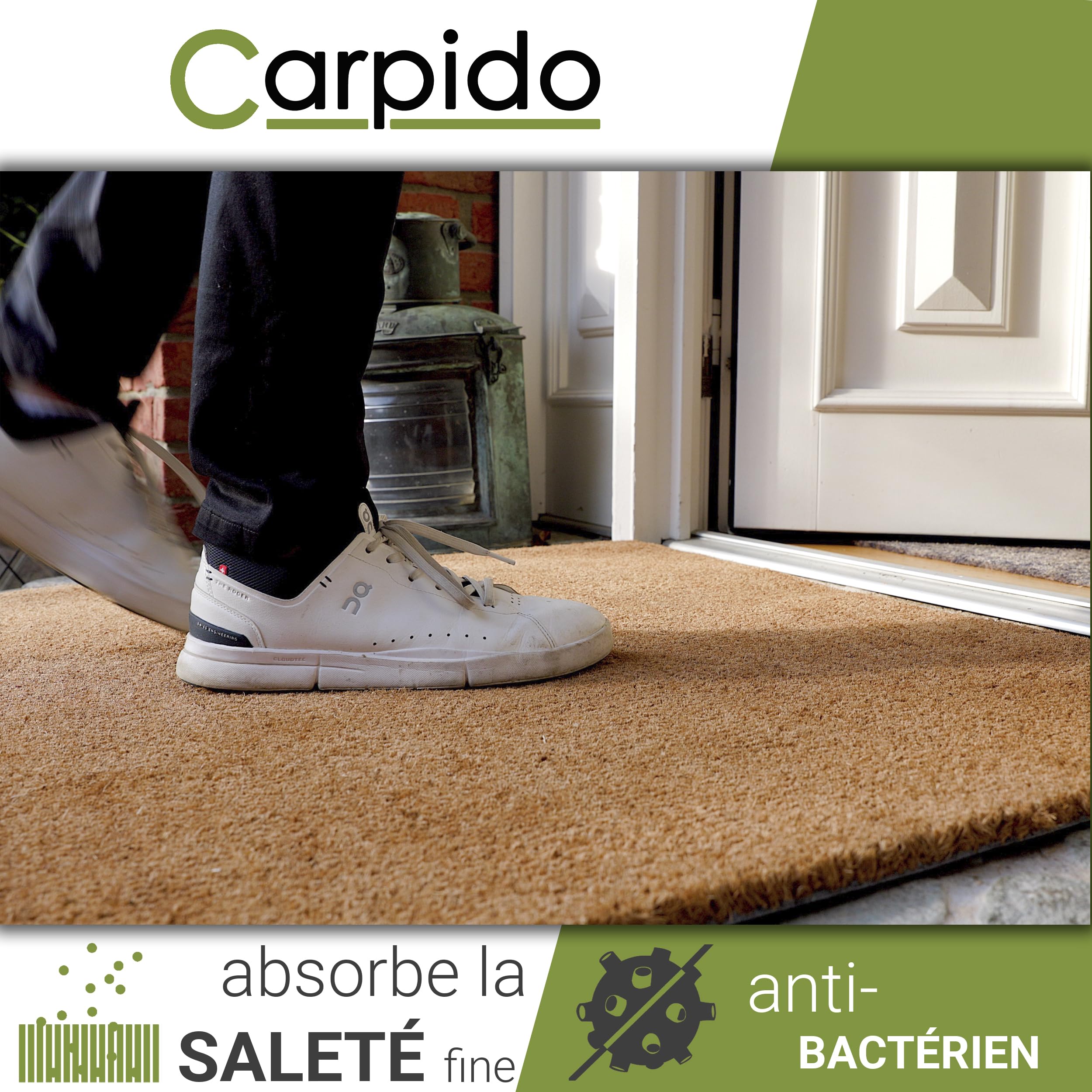 Carpido Paillasson Coco 60 x 90 cm très résistant - 16mm Tapis Coco Naturel antibactérien - Paillasson Anti-salissures écologique