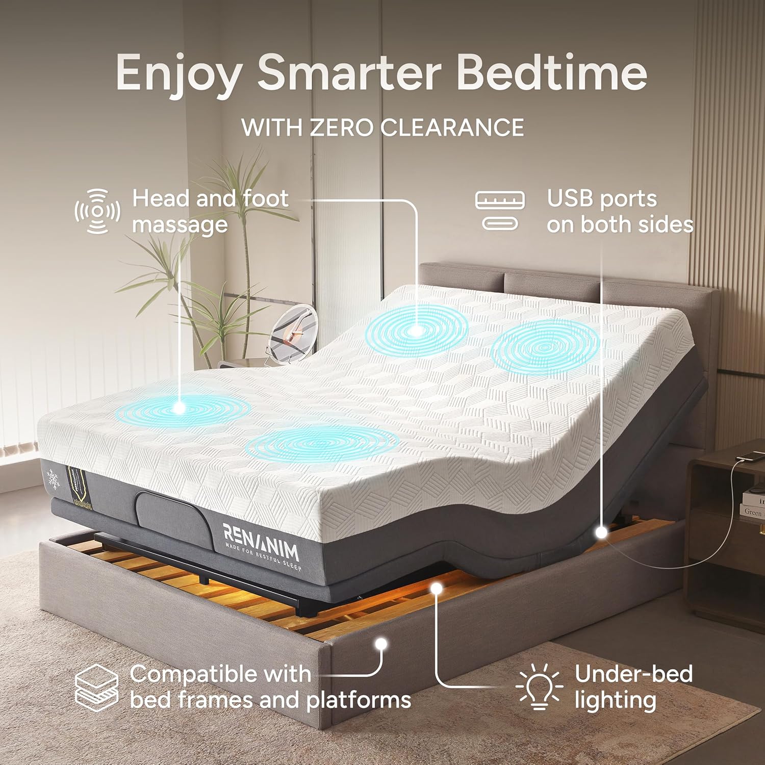 SFE Adjustable Bed with Mattress & Massage, Twin XL Adjustable Bed Frame + Medium Mattress - Cooling Gel Memory Foam Mattres, USB, UnderBed Light, Wireless Remote