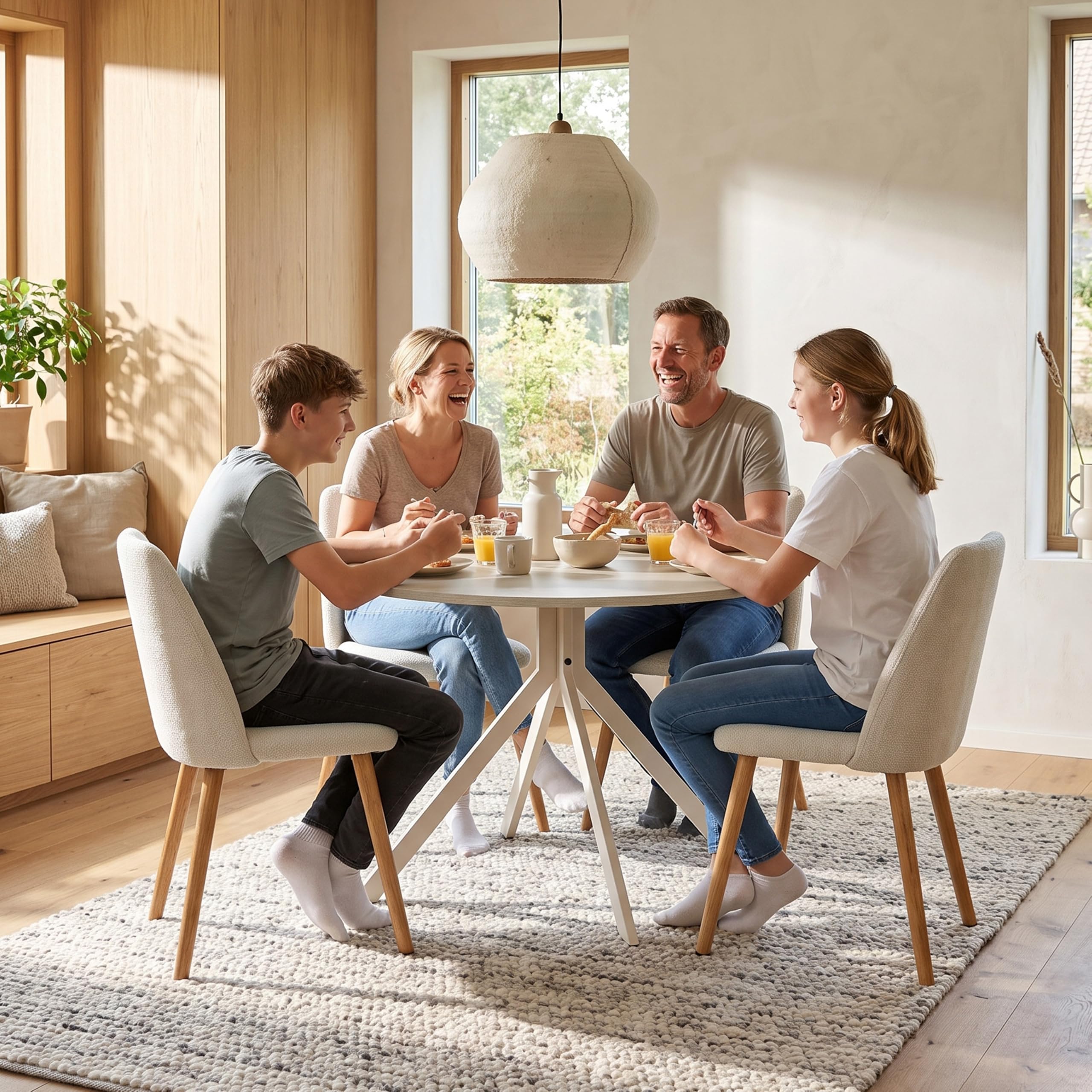 Conjunto de Comedor 5 Piezas: Mesa Redonda de 100 cm con 4 sillas, Ideal para Cocina, Comedor y salón.Travertino Mesa +Crema Silla