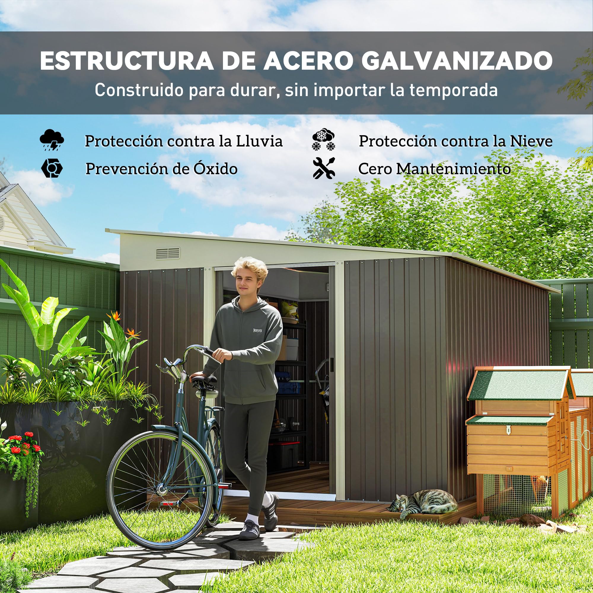 Outsunny Cobertizo de Jardín Exterior 8,9 m² 280x345x201 cm Gris | Caseta de Jardín Exterior Metálica, 2 Puertas Corredizas, 2 Ventanas, para Almacenamiento de Herramientas