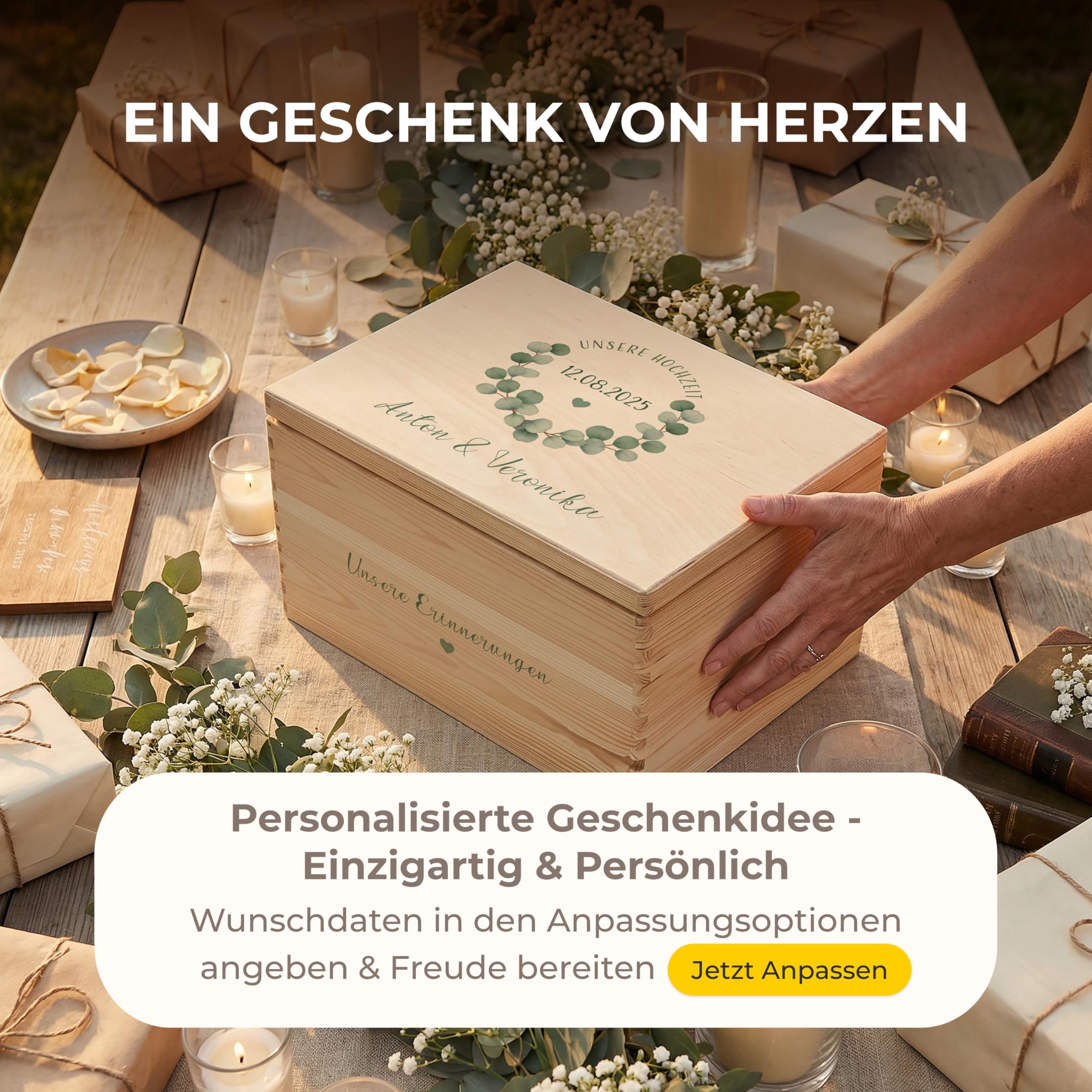 Amari ® Personalisierte Erinnerungsbox aus Holz | Eukalyptus | Individuelles Hochzeitsgeschenk Erinnerung Hochzeit Personalisiertes Holzkiste